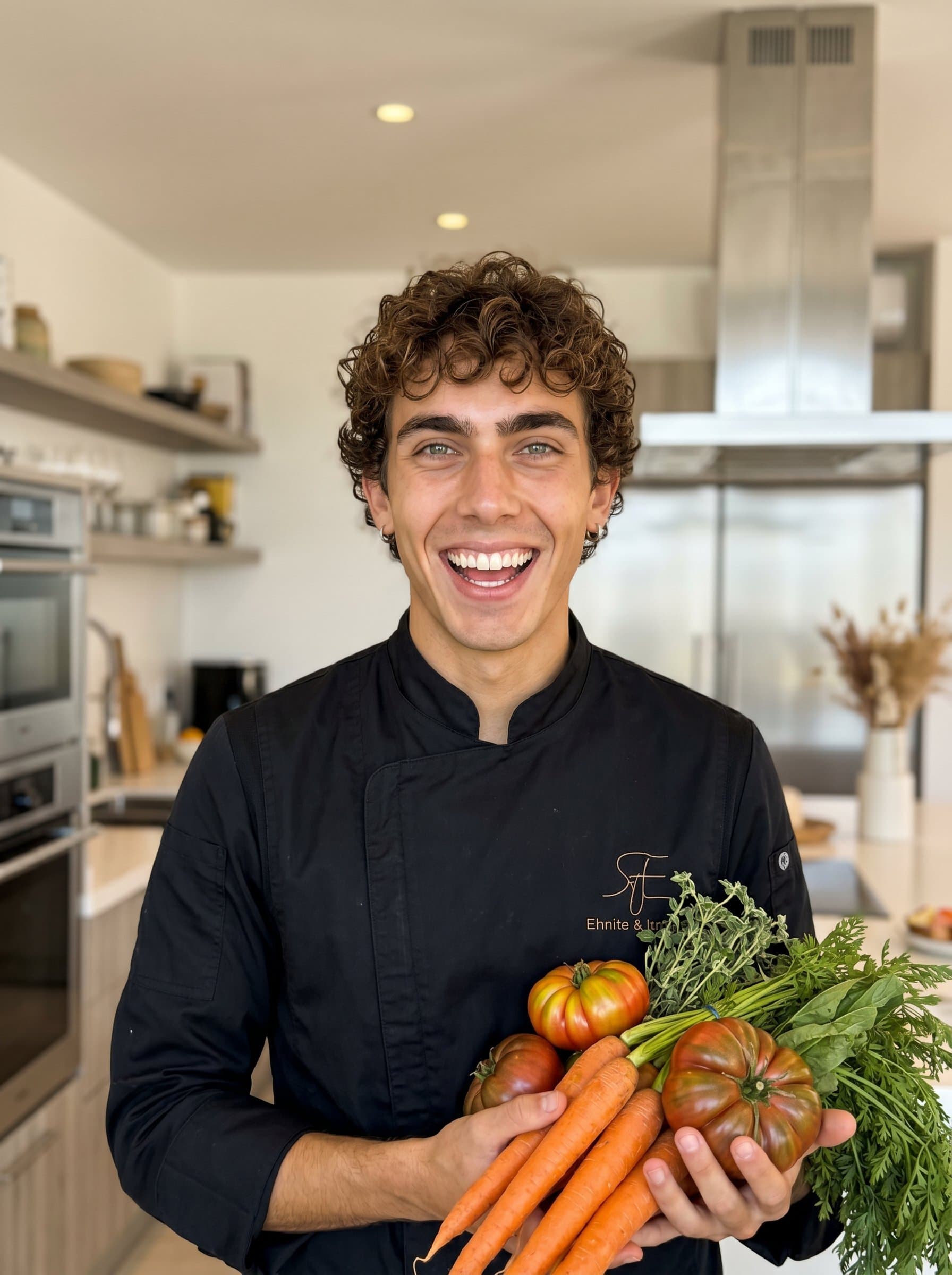 Design a headshot capturing a chef's enthusiasm, wearing sleek attire, surrounded by colorful, organic vegetables and contemporary kitchen décor.