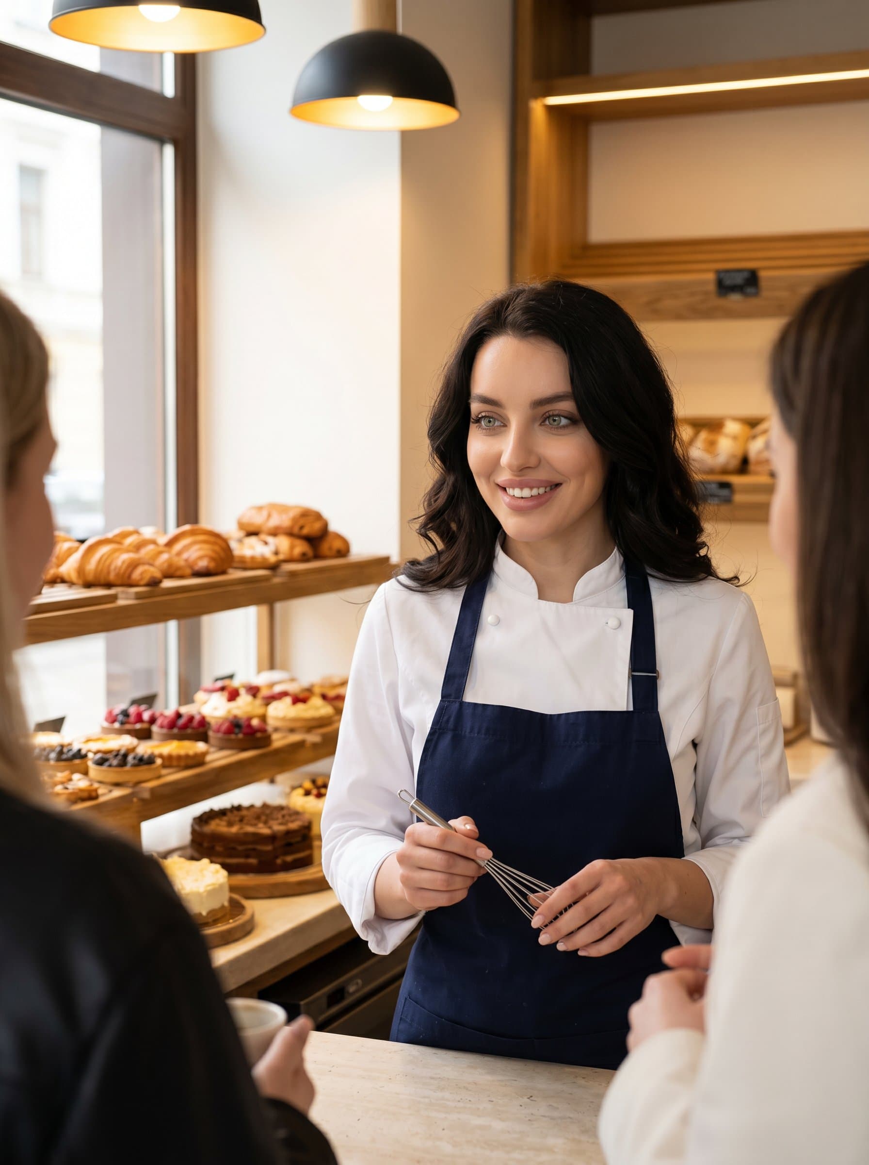 Create an image of a chef with a expression of warmth, clad in classic kitchen attire, against a backdrop of artfully arranged pastry displays.