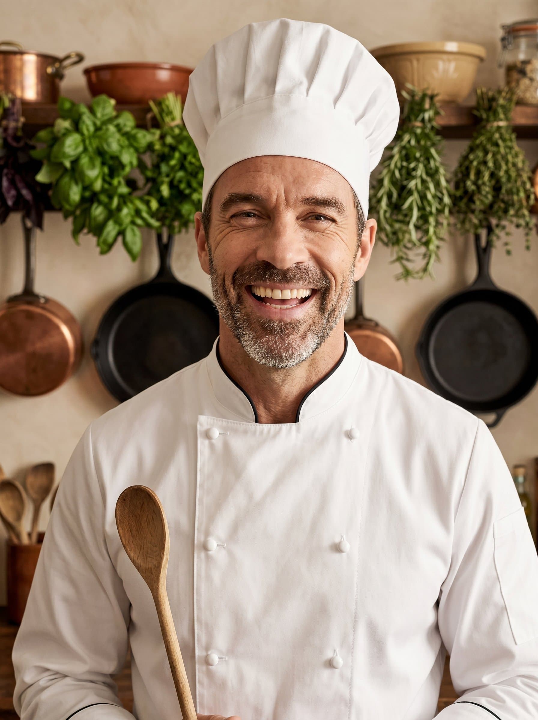 Produce a headshot of a chef in a traditional uniform, with joy, in a cozy kitchen filled with fragrant herbs and polished, rustic cookware.