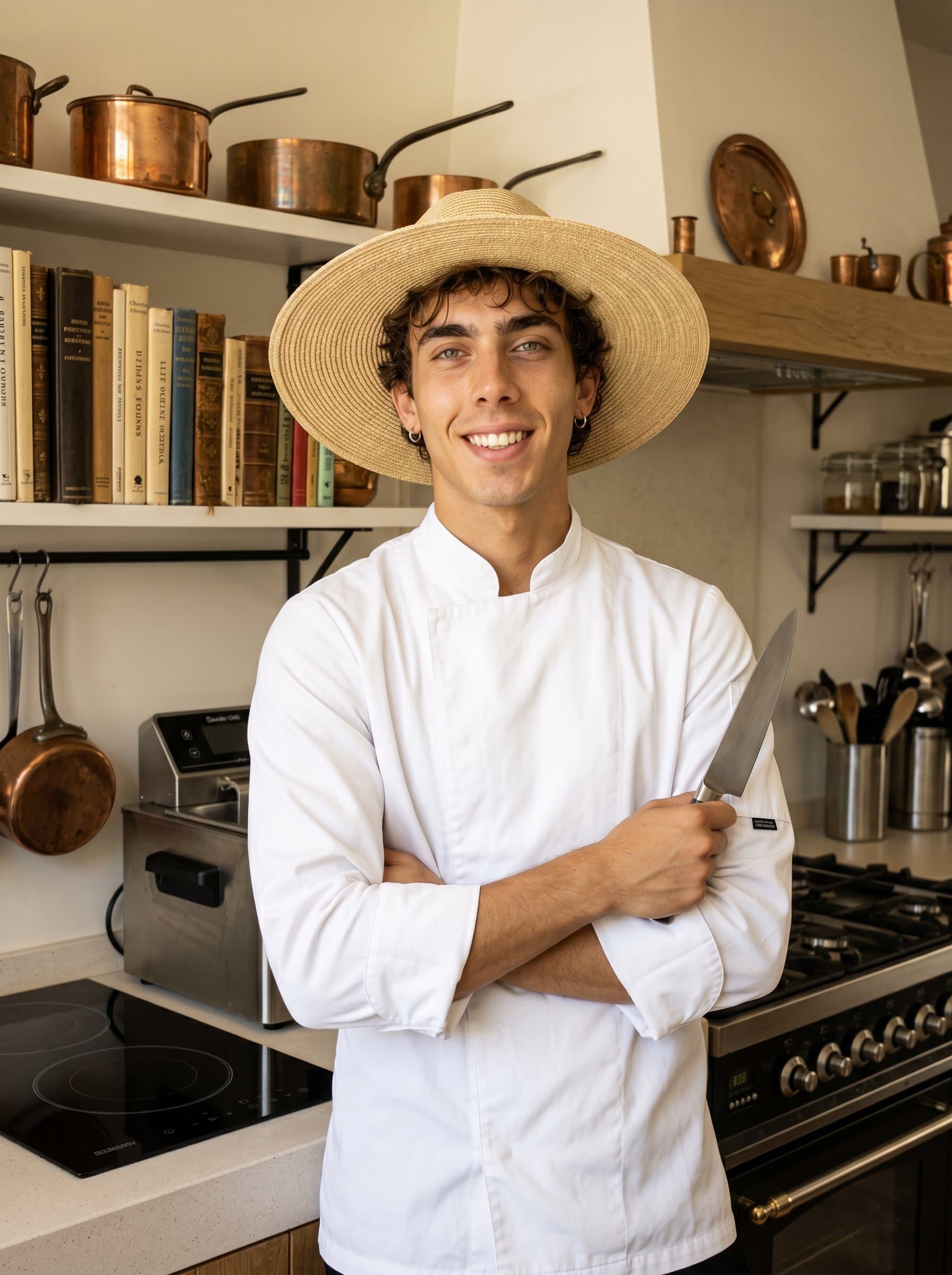 Design a headshot of a chef exuding confidence, standing amid an eclectic mix of vintage kitchen decor and cutting-edge culinary equipment.