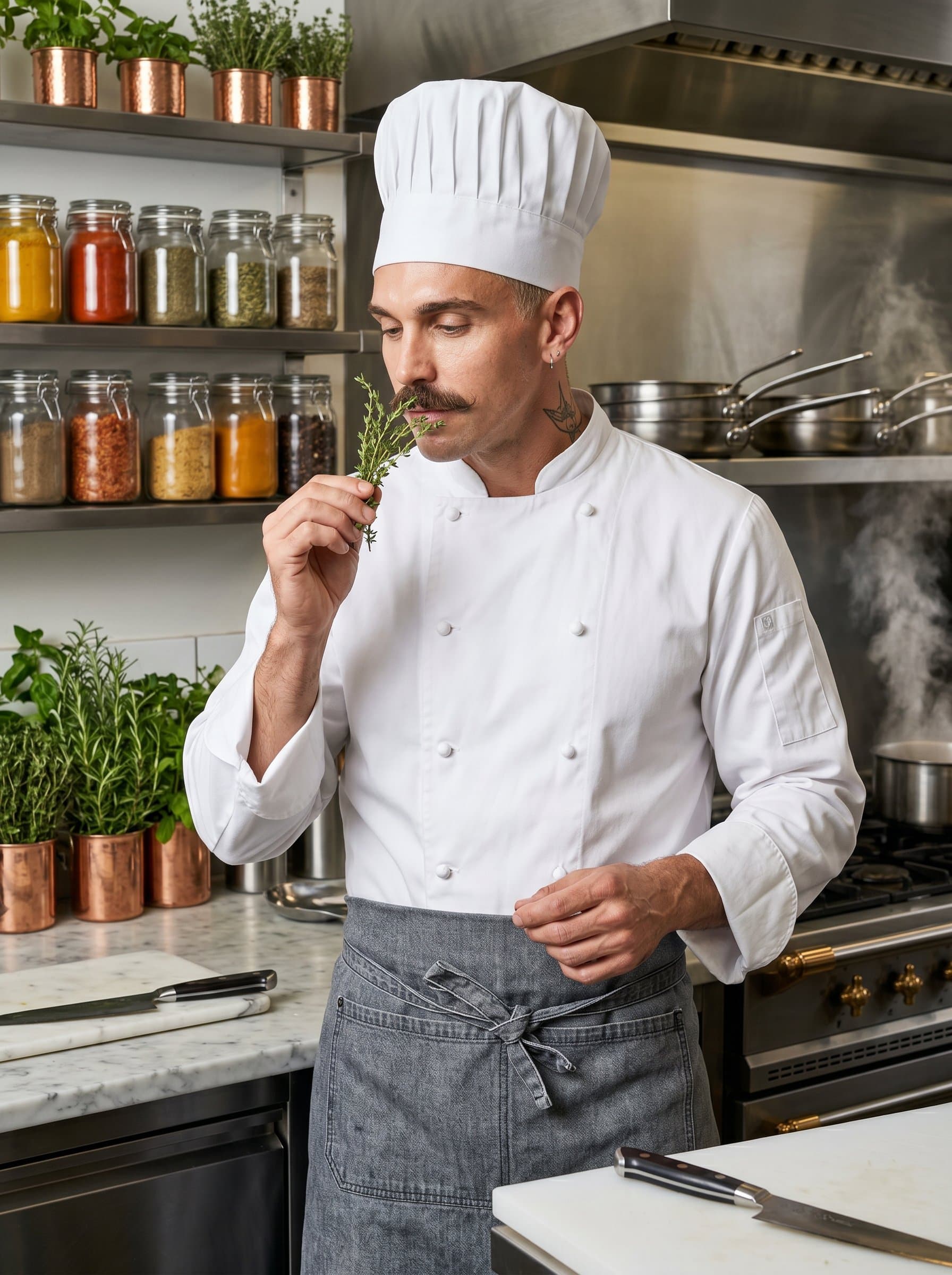 Photograph a chef in their element, wearing traditional kitchen garb, with a expression, surrounded by a luxurious array of spices and sleek kitchen equipment.