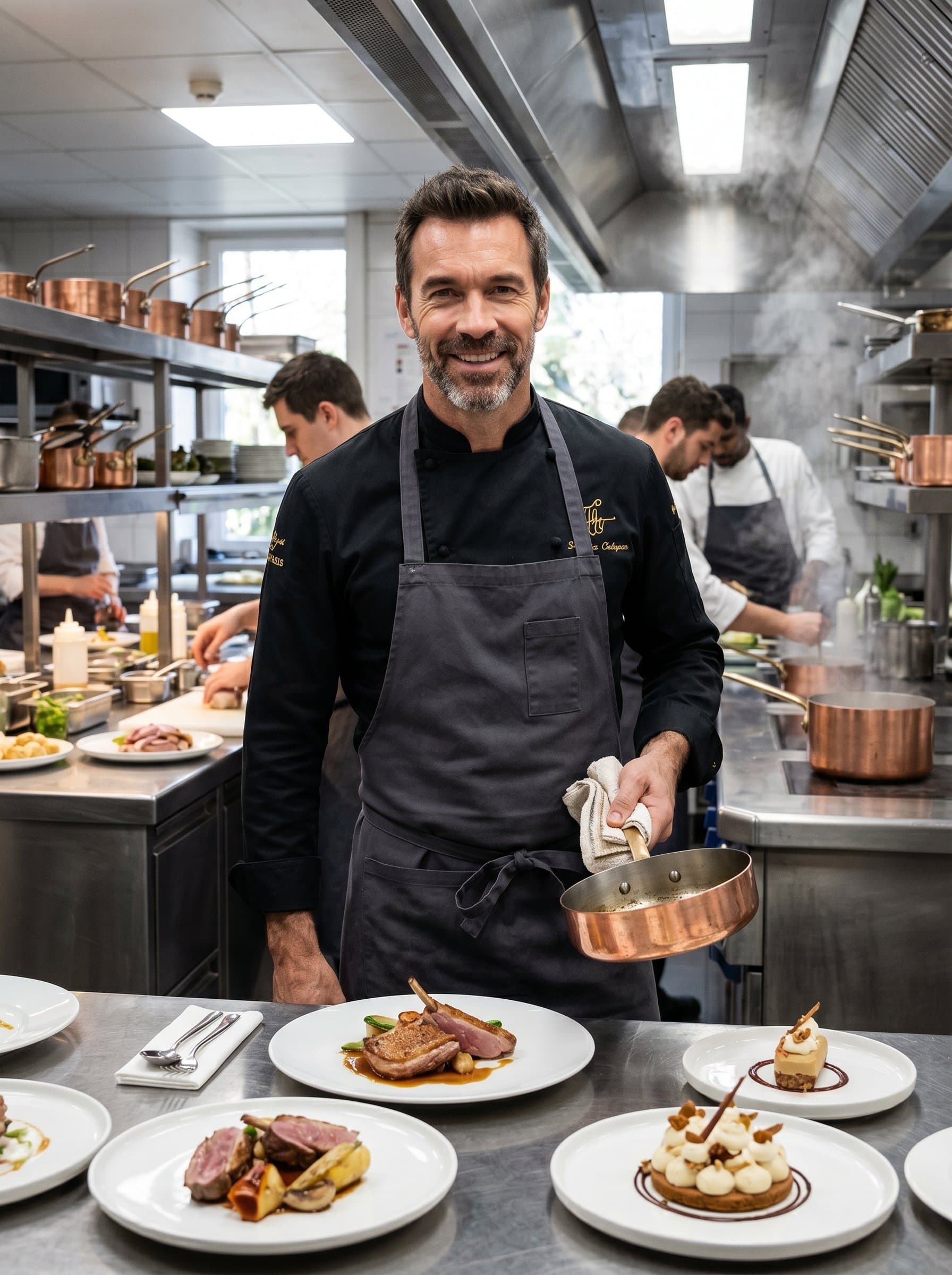 Photograph a chef in elegant kitchen wear, with a sense of pride, set within an industrial kitchen filled with culinary masterpieces in progress.