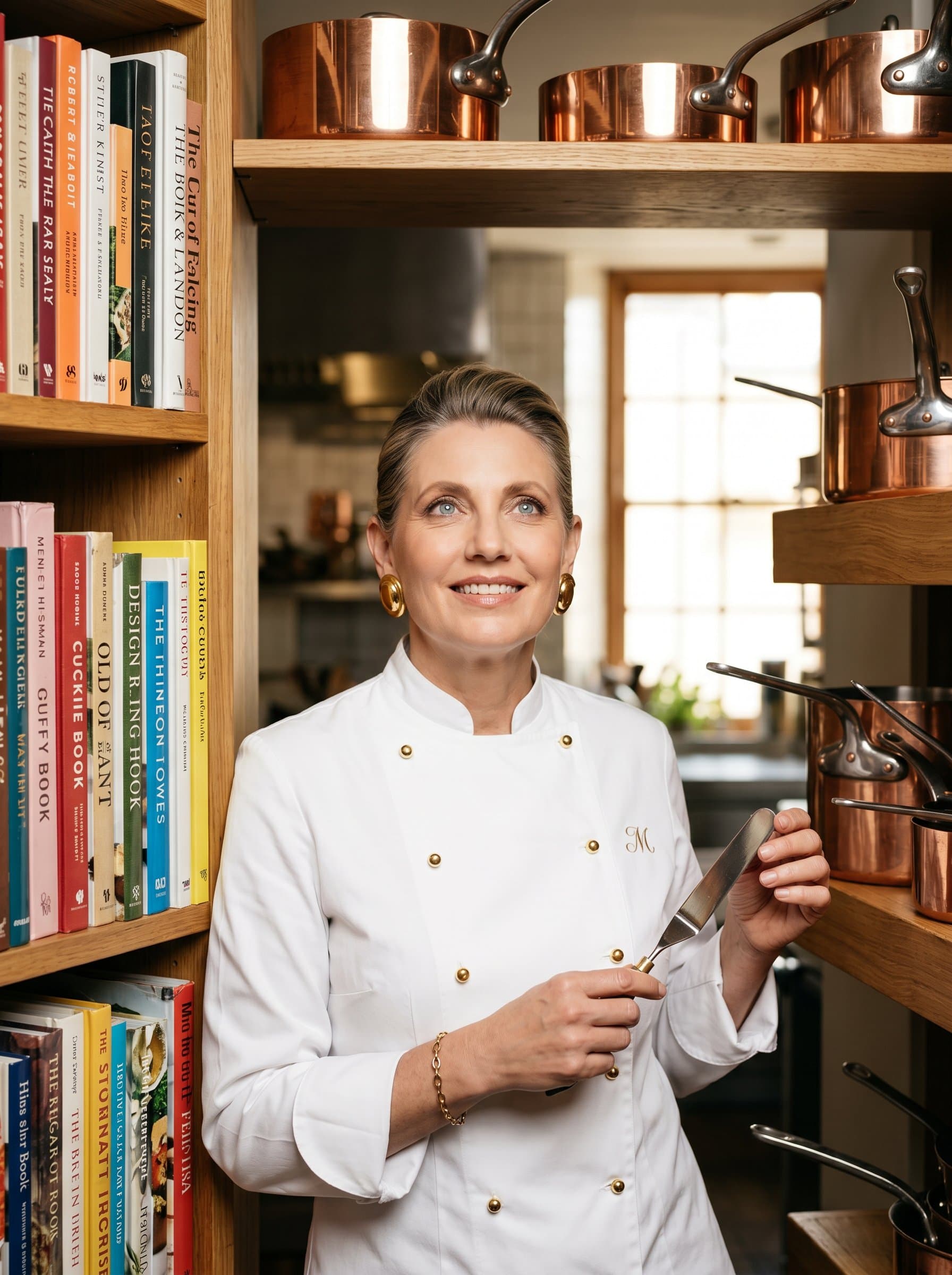 Create a portrait of a chef in a pristine uniform with a look of creativity, framed by shelves of colorful cookbooks and copper pans.