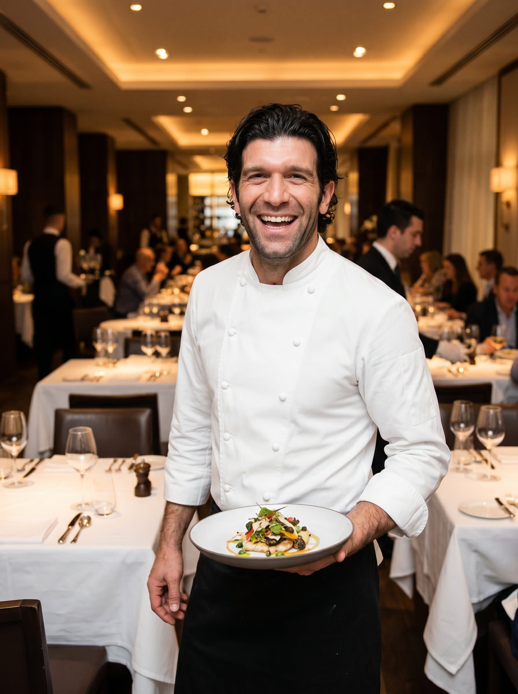 Create an image featuring a chef in crisp attire, displaying joy, set against a backdrop of bustling restaurant atmosphere with tables ready for service.