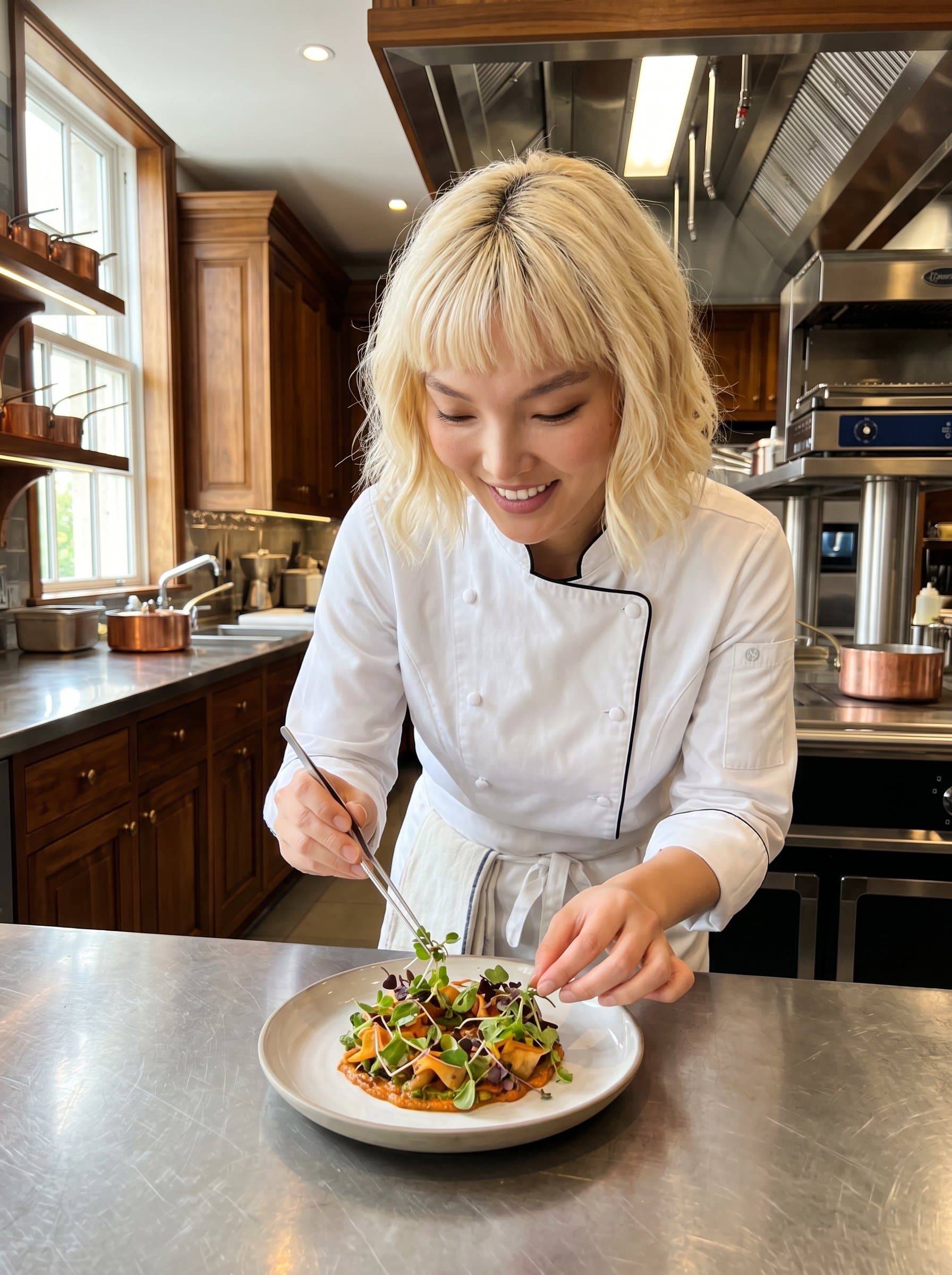 Capture a chef's expression of creativity, wearing their professional uniform, in a spacious kitchen with gleaming counters and rich, wooden cabinetry.