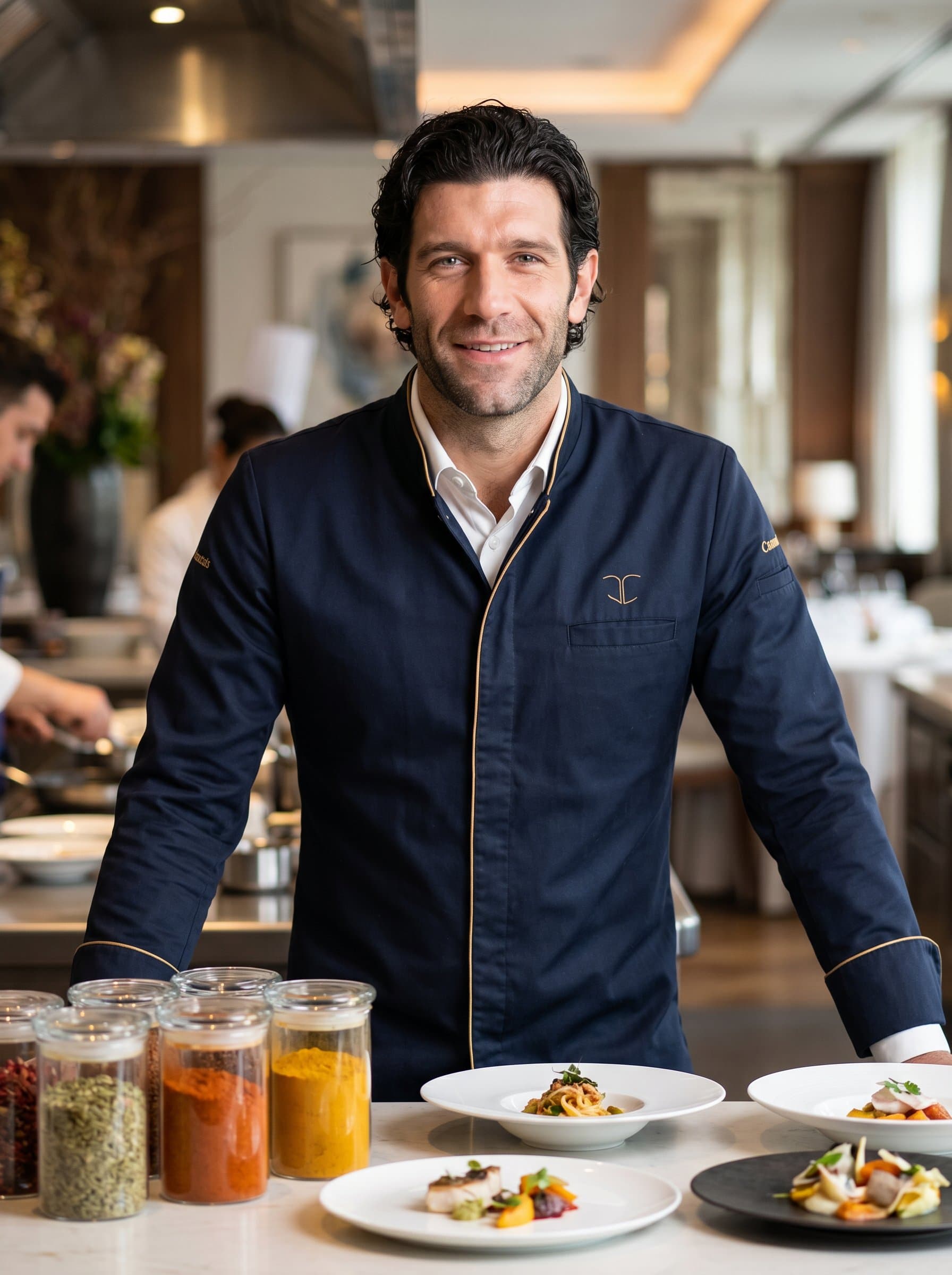 Design a headshot of a chef in refined attire, with a demeanor of expertise, amidst an environment filled with aromatic spices and elegant culinary presentations.