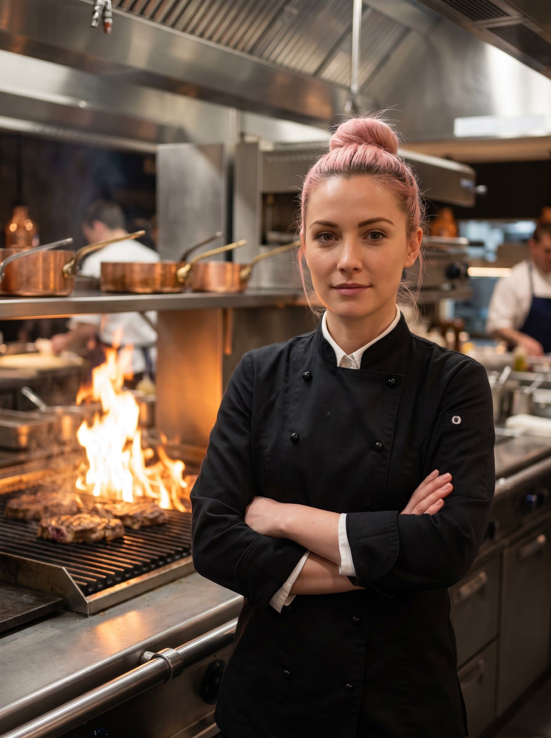Generate a portrait of a chef with a air of sophistication, posed in front of an open flame grill in a high-end restaurant kitchen setting.