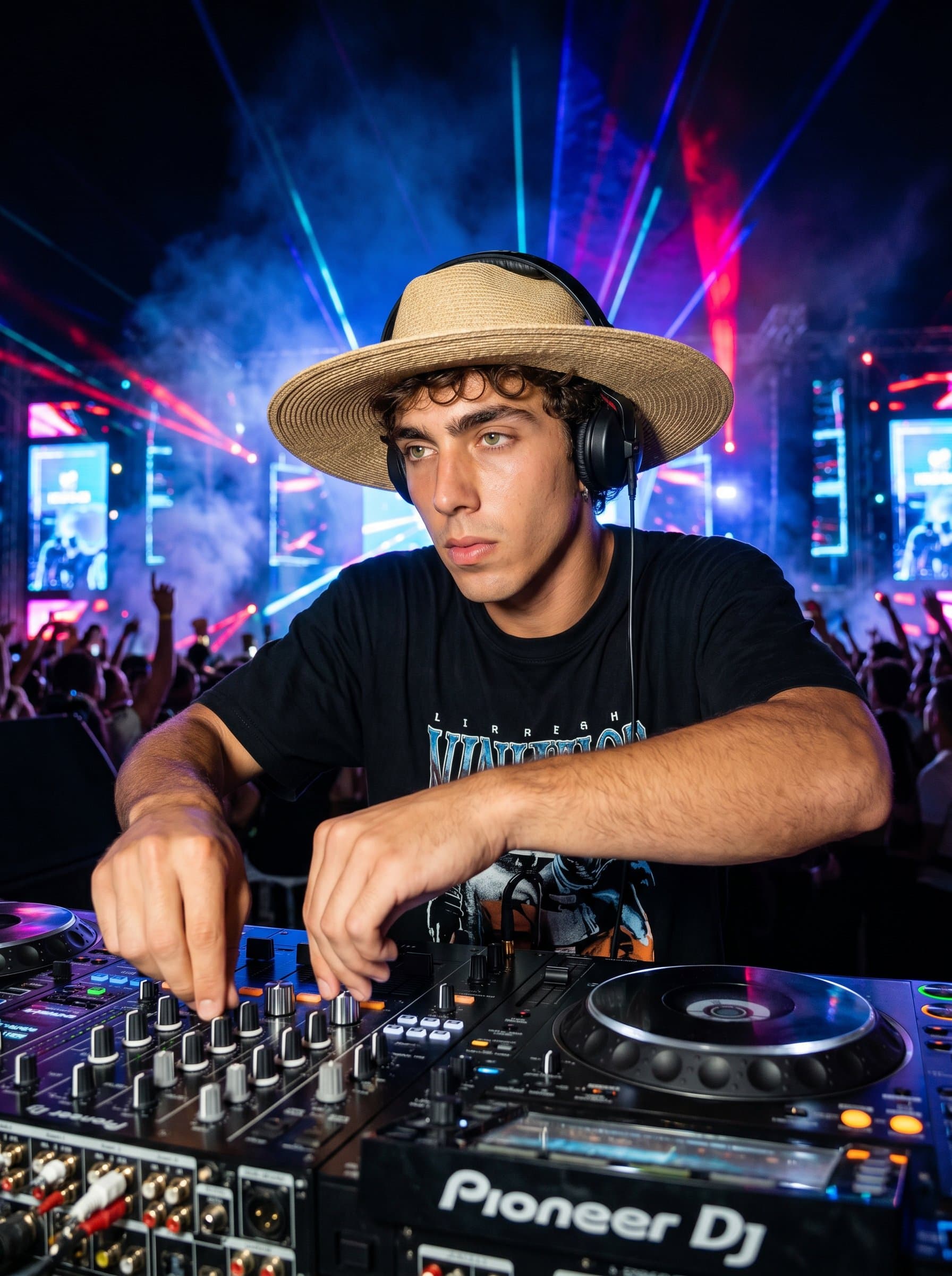 : Develop a headshot for a DJ with a focus on their hands mixing tracks, set against a blurred festival stage backdrop. Photorealistic, dynamic composition, vibrant lighting.