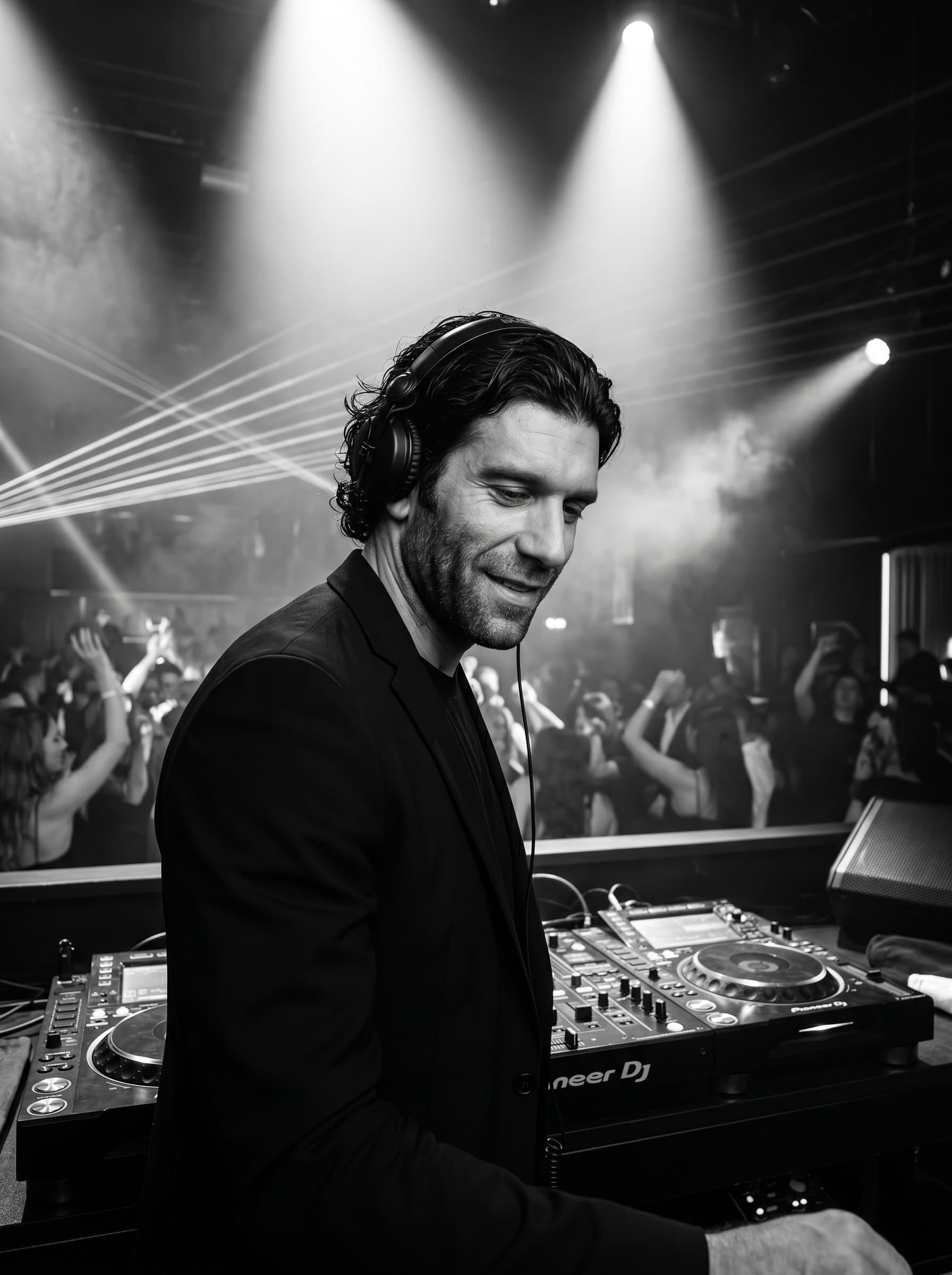 : Create a black & white headshot of a DJ in a sleek nightclub environment, capturing a sophisticated, professional presence. Photorealistic, high contrast lighting.