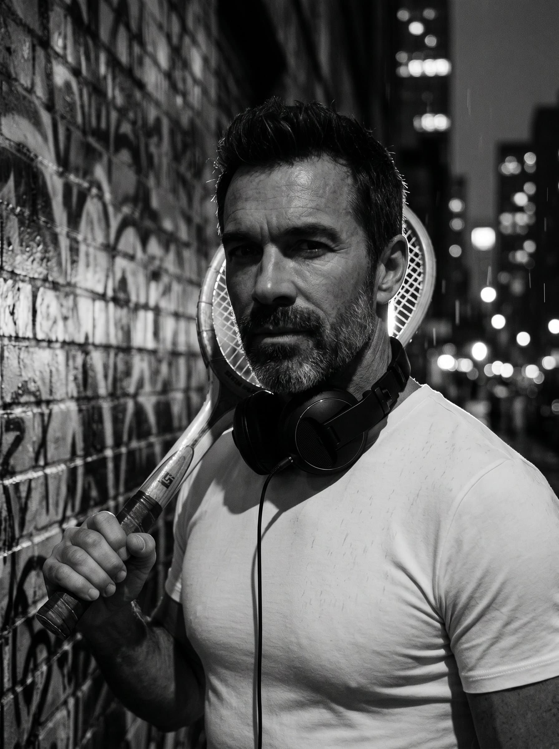 : Create an urban-themed DJ headshot in black and white, emphasizing a moody, mysterious vibe with a backdrop of graffiti walls and city lights. Photorealistic, dramatic shadows.