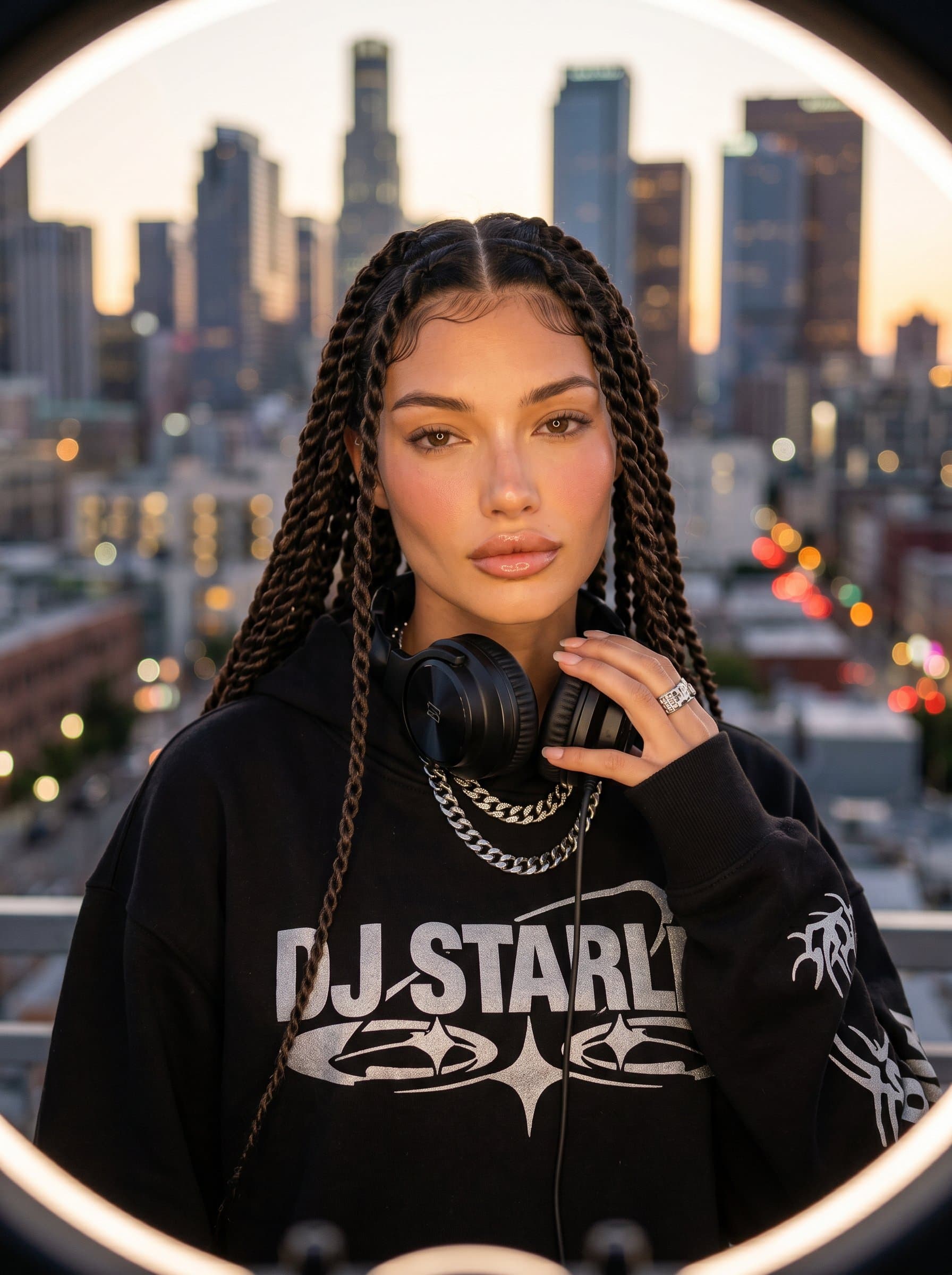 : Produce a photorealistic headshot of an urban DJ with trendy streetwear, set against a backdrop of a bustling city skyline at dusk. Warm, ambient lighting.