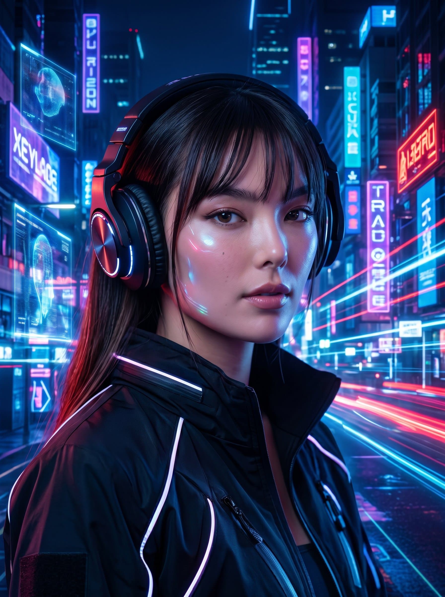 : Capture a futuristic, neon-lit headshot of a DJ with headphones, set against a digital cityscape backdrop, highlighting their tech-savvy persona. Photorealistic, sharp focus, vibrant colors.
