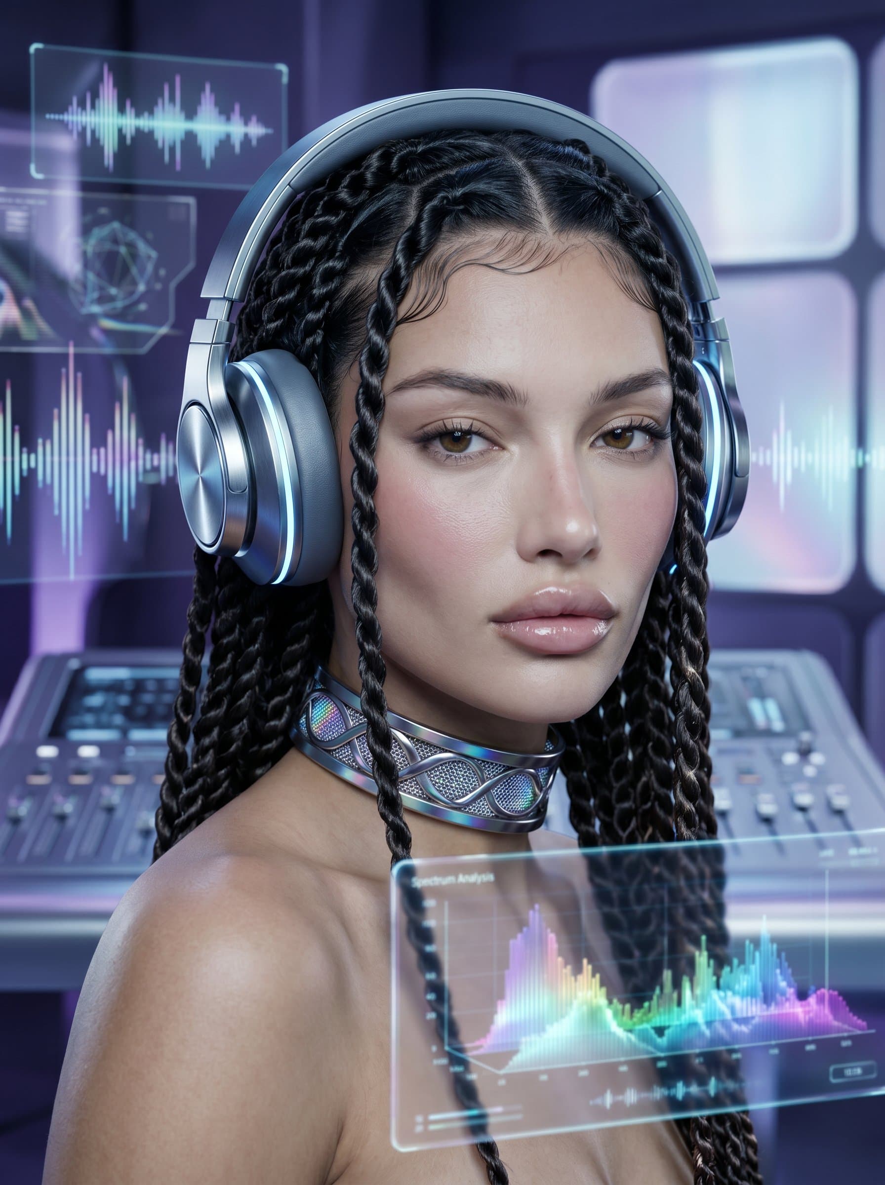 : Capture a DJ headshot with a futuristic feel using holographic elements and metallic textures. Photorealistic, sleek design, cool-toned colors.