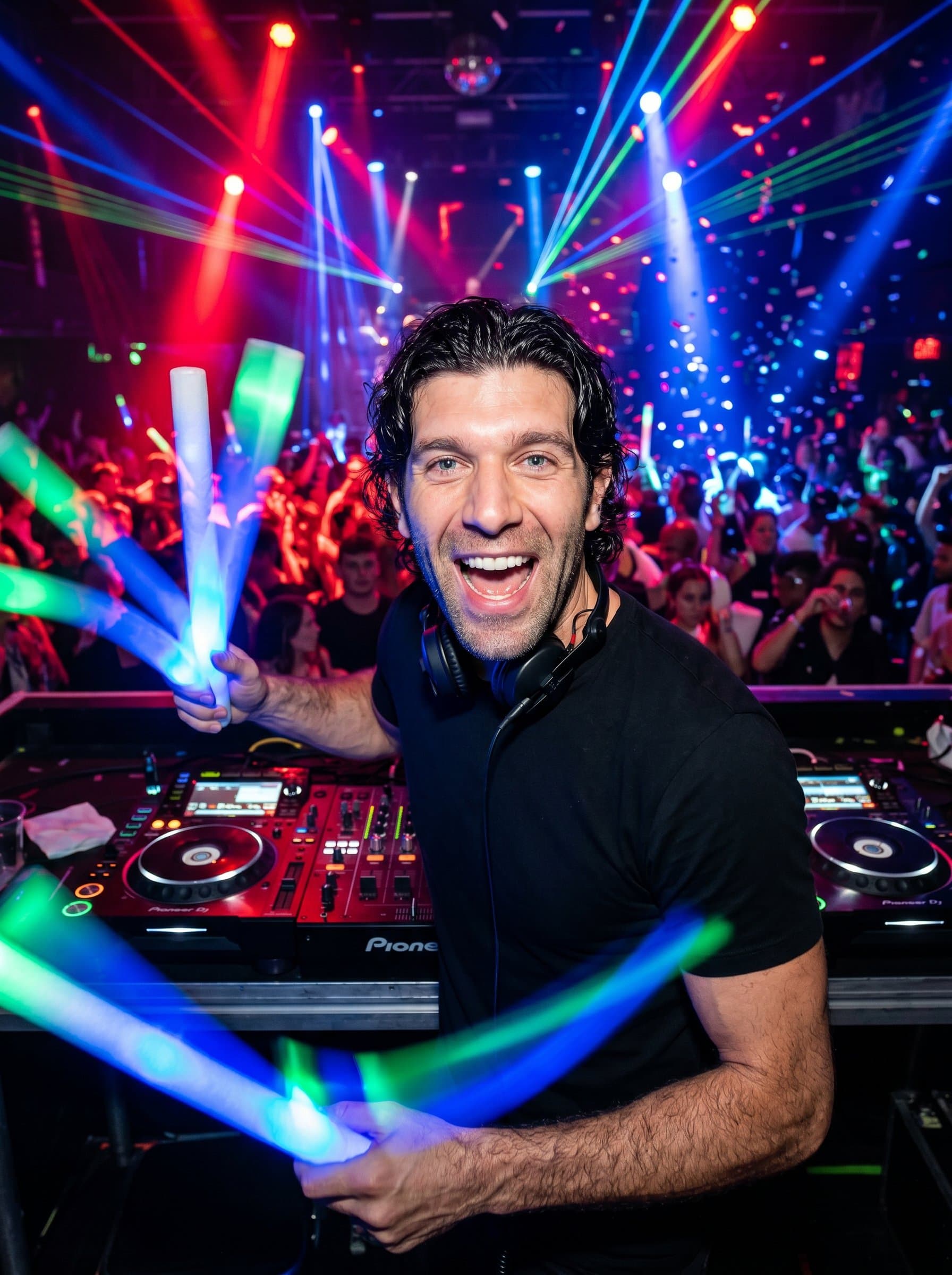 : Create a high-energy DJ headshot with glowing light sticks and a backdrop of a pulsating club scene. Photorealistic, lively colors, dynamic expression.