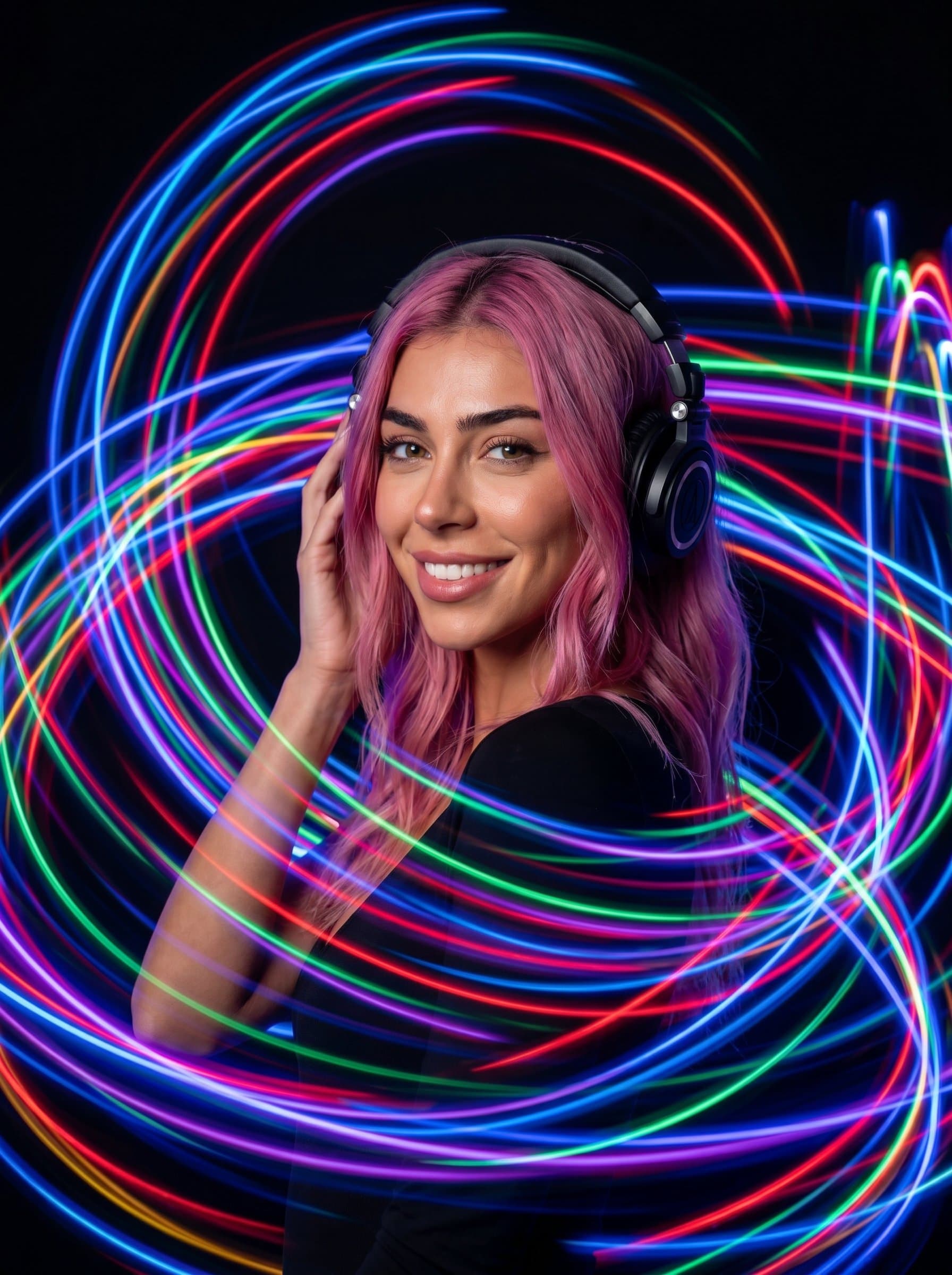 : Create an artistic DJ headshot featuring colorful light trails encircling the figure, set against a dark background. Photorealistic, magical effect, vibrant tones.