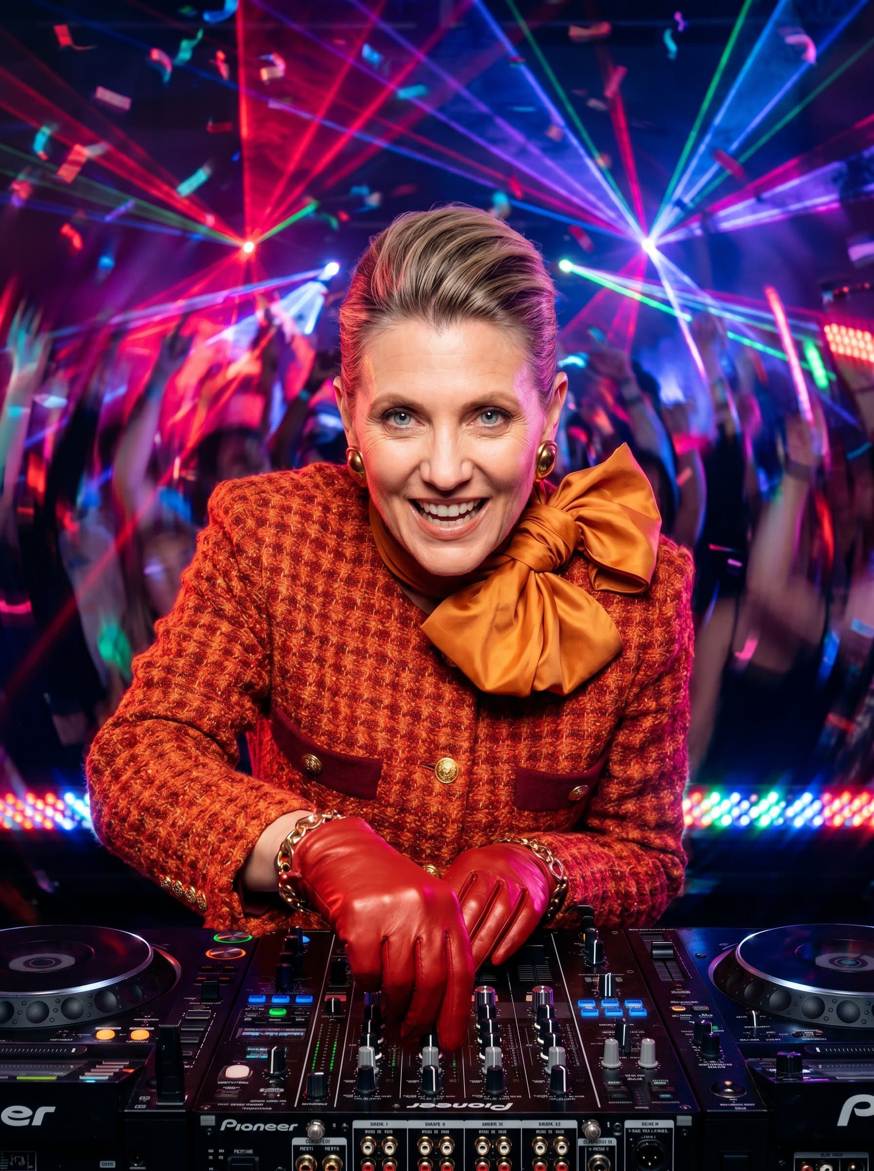 : Capture a DJ headshot in mid-performance, with a blurred background of swirling lights and an energetic crowd. Photorealistic, dynamic energy, vivid colors.