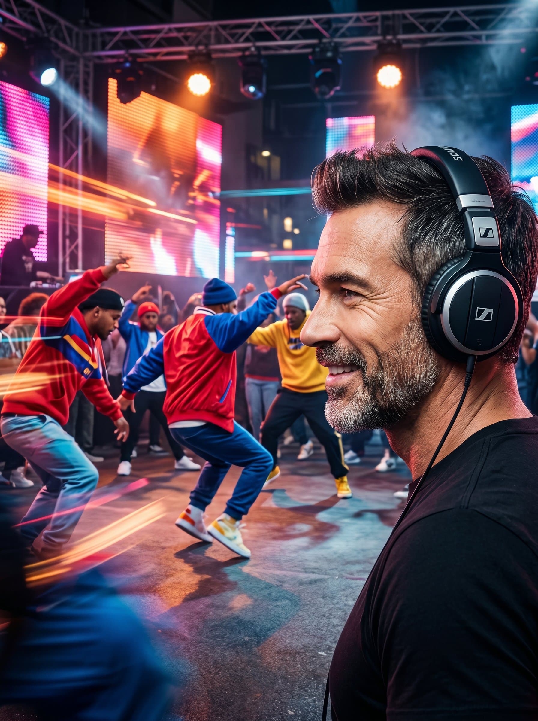 : Design a headshot showcasing a DJ's profile with oversized headphones, set against the backdrop of a lively street dance scene. Photorealistic, movement-focused, energetic colors.