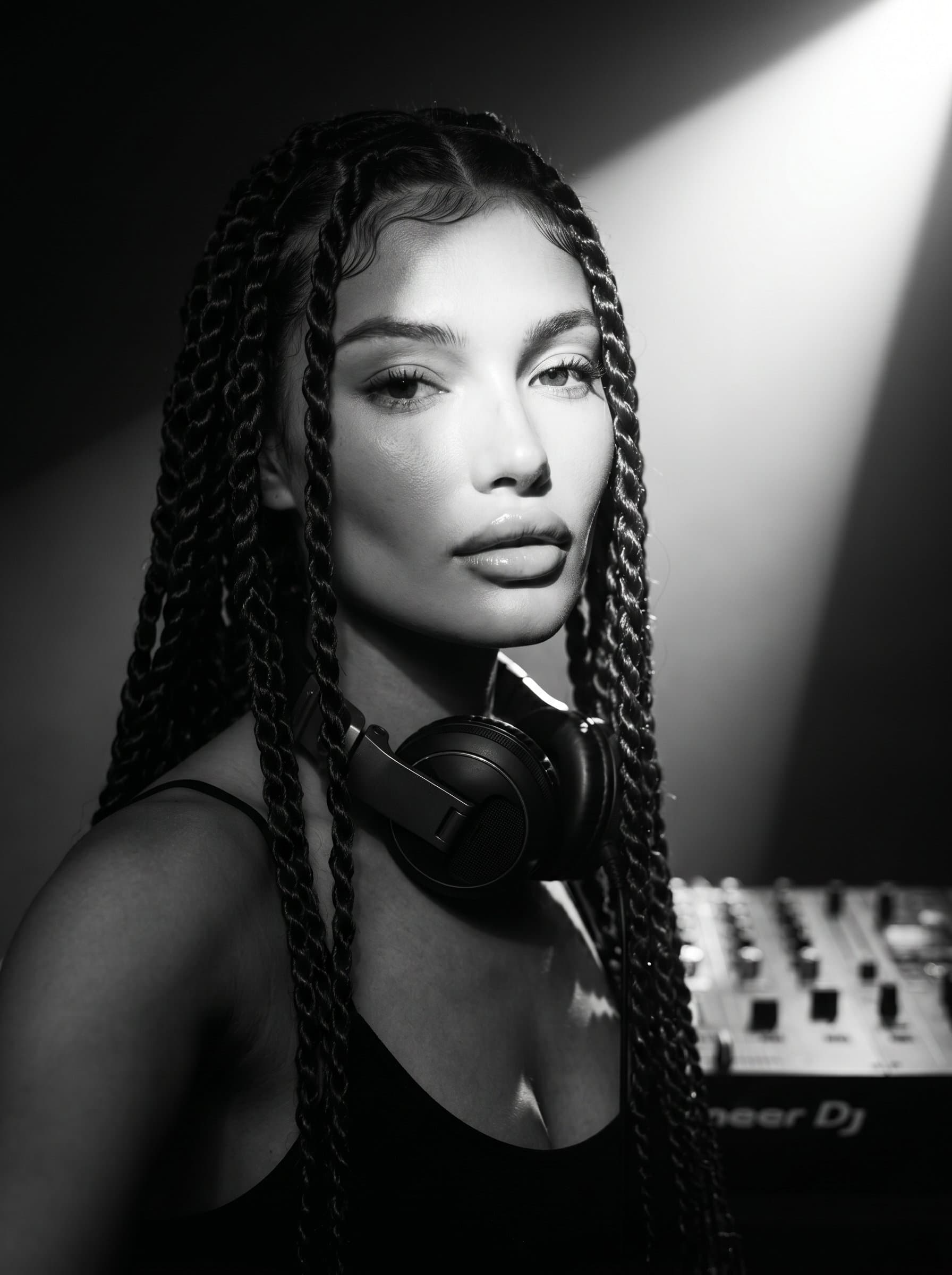 : Develop a monochromatic DJ headshot with a spotlight effect, emphasizing a minimalist, stylish appearance. Photorealistic, sharp contrasts, elegant composition.