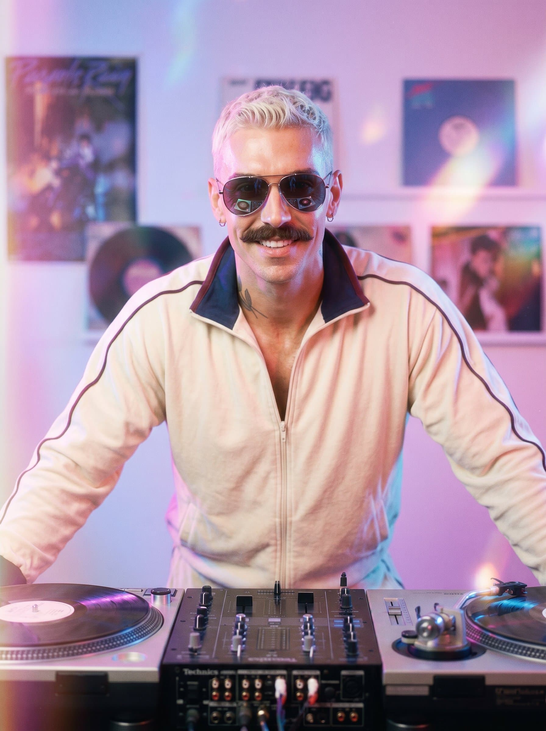 : Capture a DJ headshot with a vintage 80s vibe, complete with retro sunglasses and pastel lighting. Photorealistic, nostalgic atmosphere, soft focus.