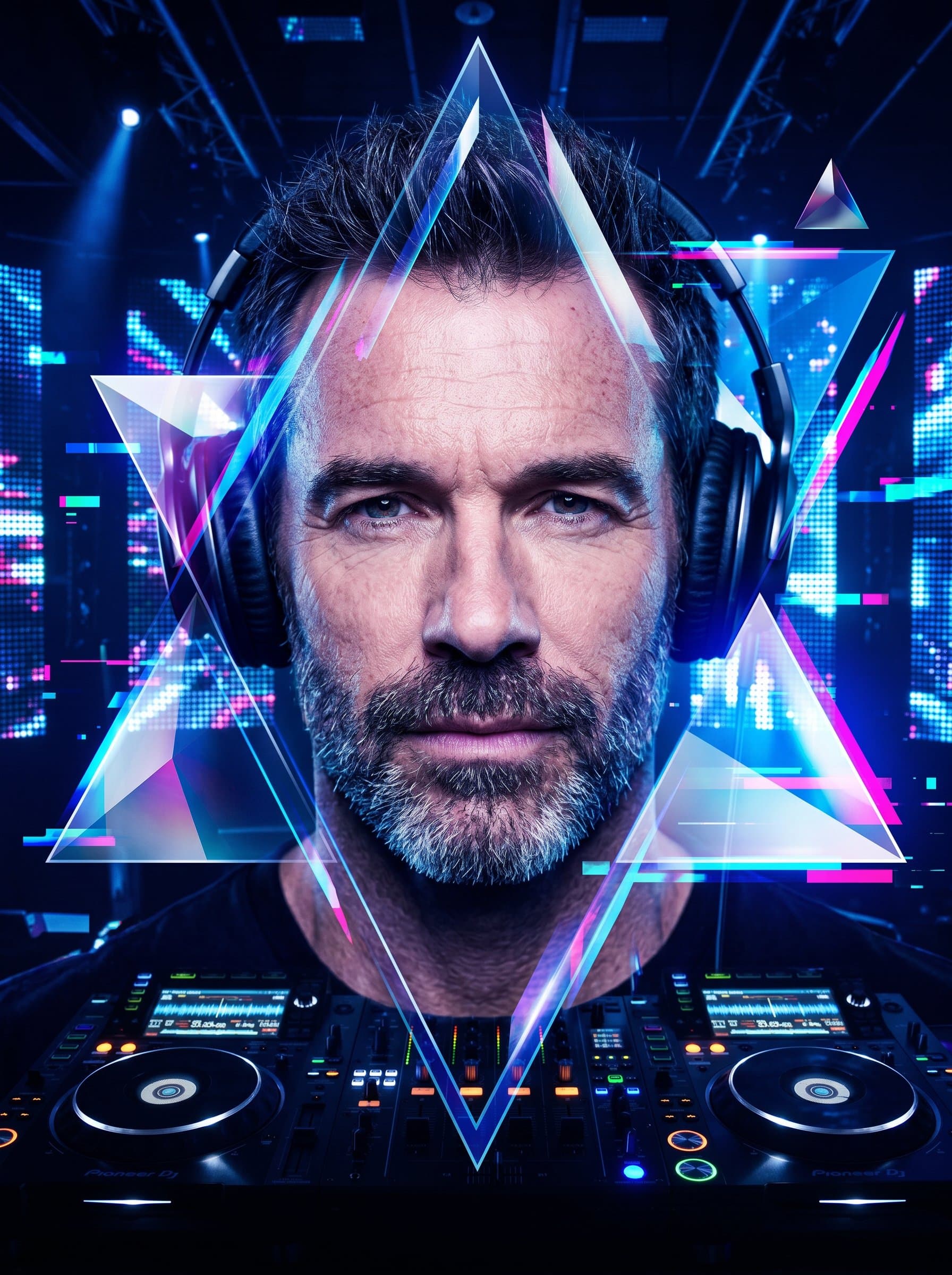 : Design an abstract, artistic DJ headshot with digital, geometric patterns overlaying the image. Photorealistic, modern aesthetic, sharp edges.