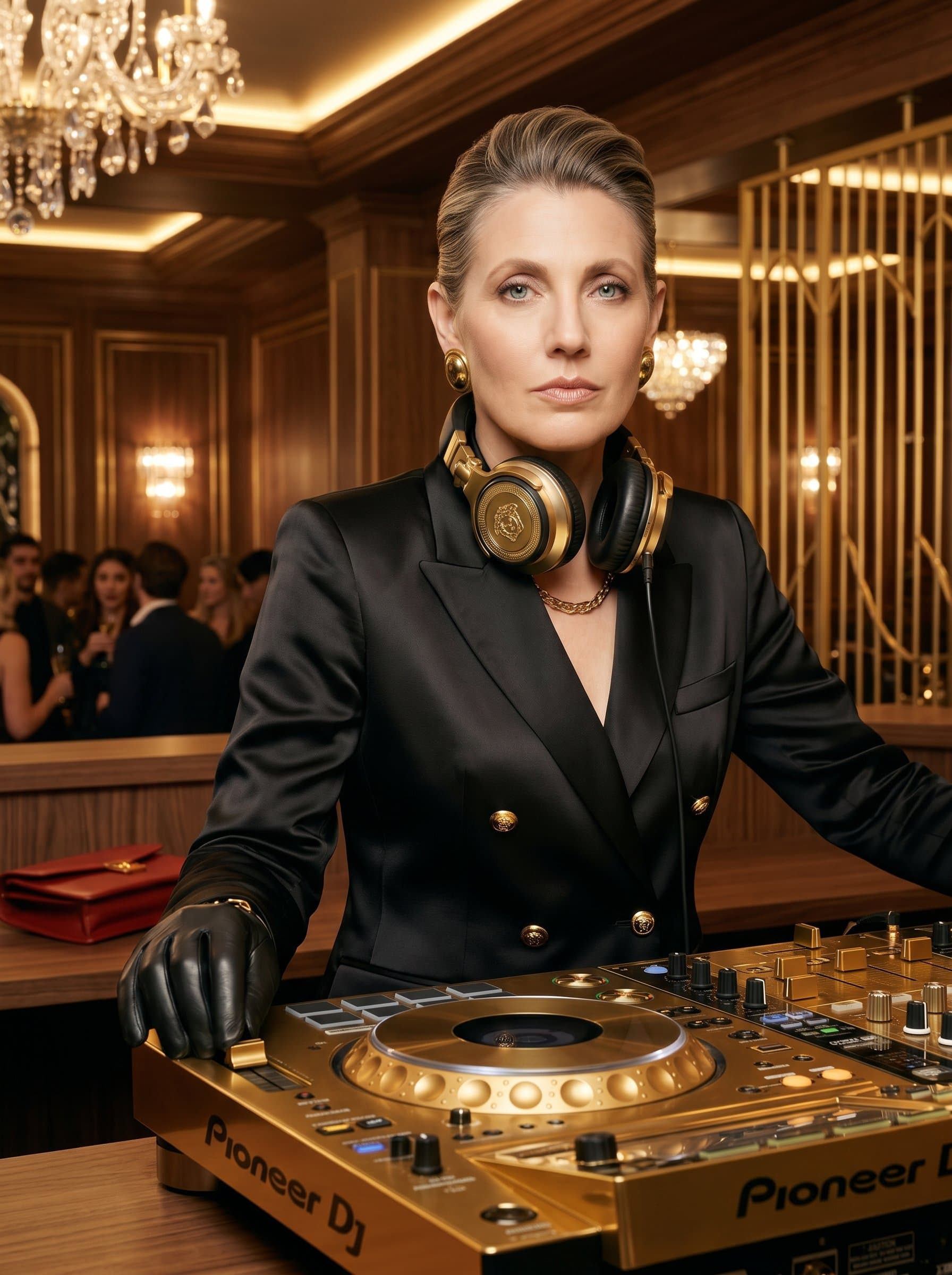 : Craft a luxurious DJ headshot with gold accents, set in an opulent interior space. Photorealistic, refined details, warm tones.