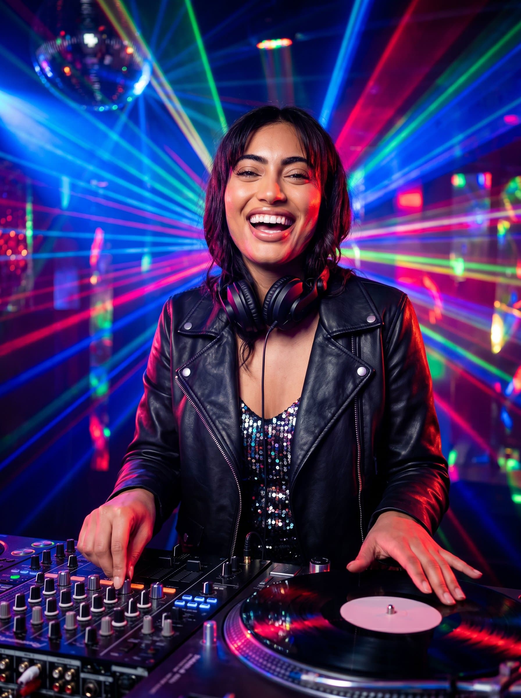 : Craft a vibrant DJ headshot with bold, dynamic lighting and a dynamic, colorful abstract background. Photorealistic, highlighting the DJ's energetic and lively persona.