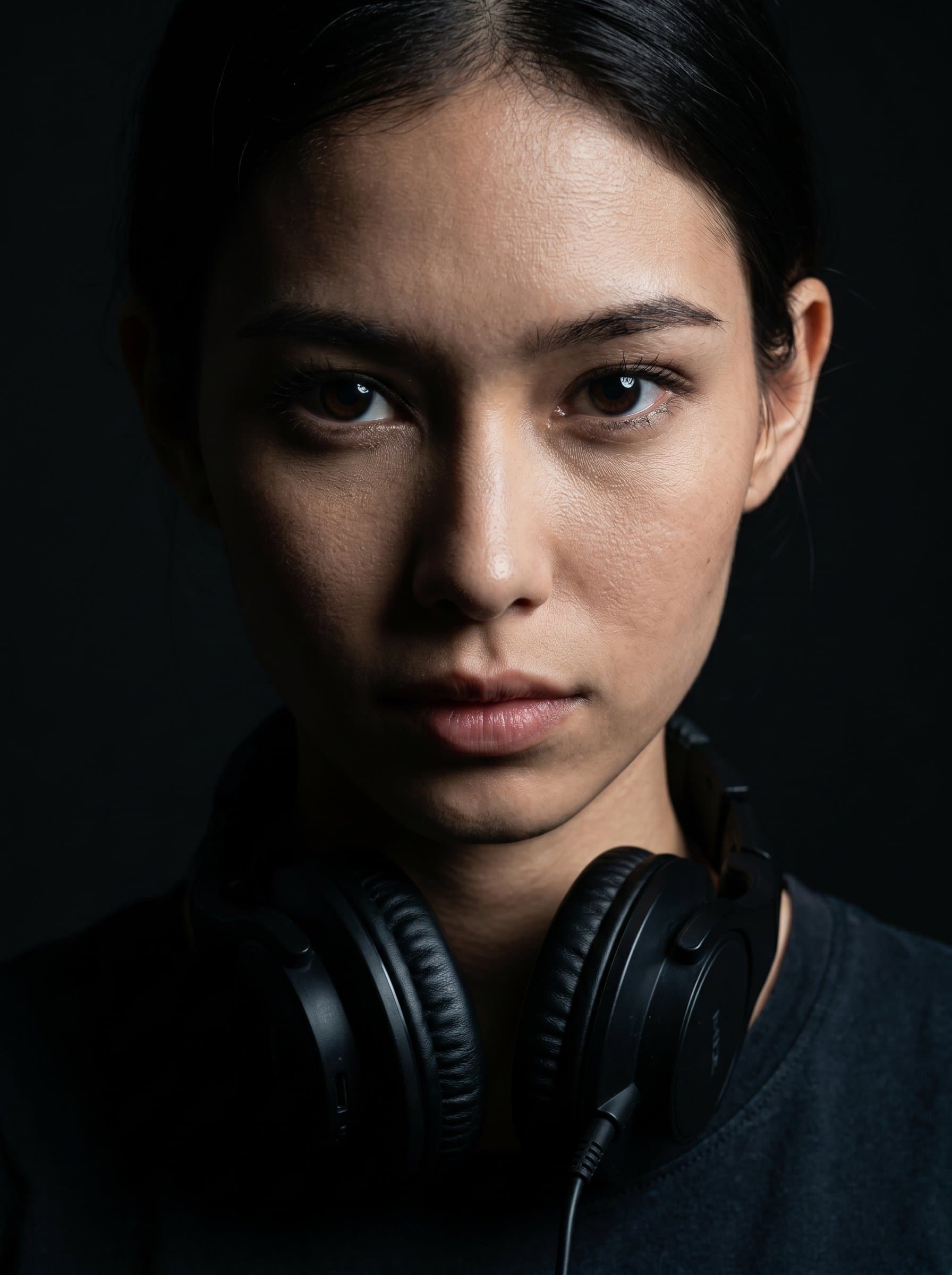 : Showcase a DJ headshot with a focus on their eyes, dramatically lit, set against a minimalist dark background. Photorealistic, intense gaze, stark lighting.