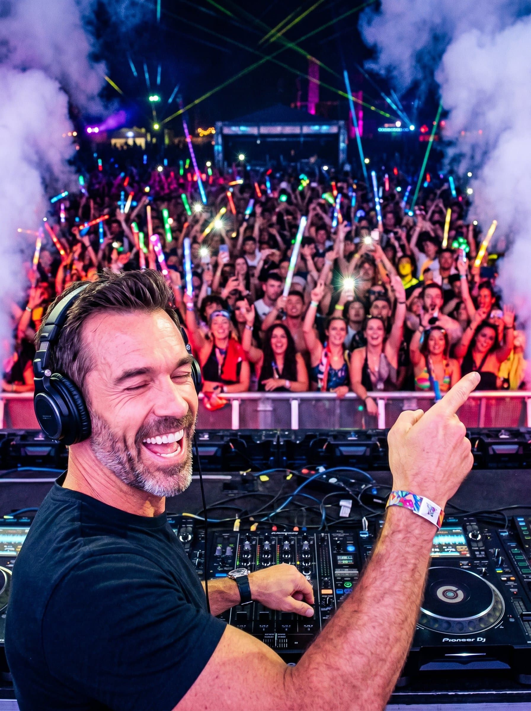 : Showcase a festival-ready DJ headshot amid a colorful, energetic crowd. Photorealistic, capturing the DJ's joy and connection with music lovers. Bright, lively colors.