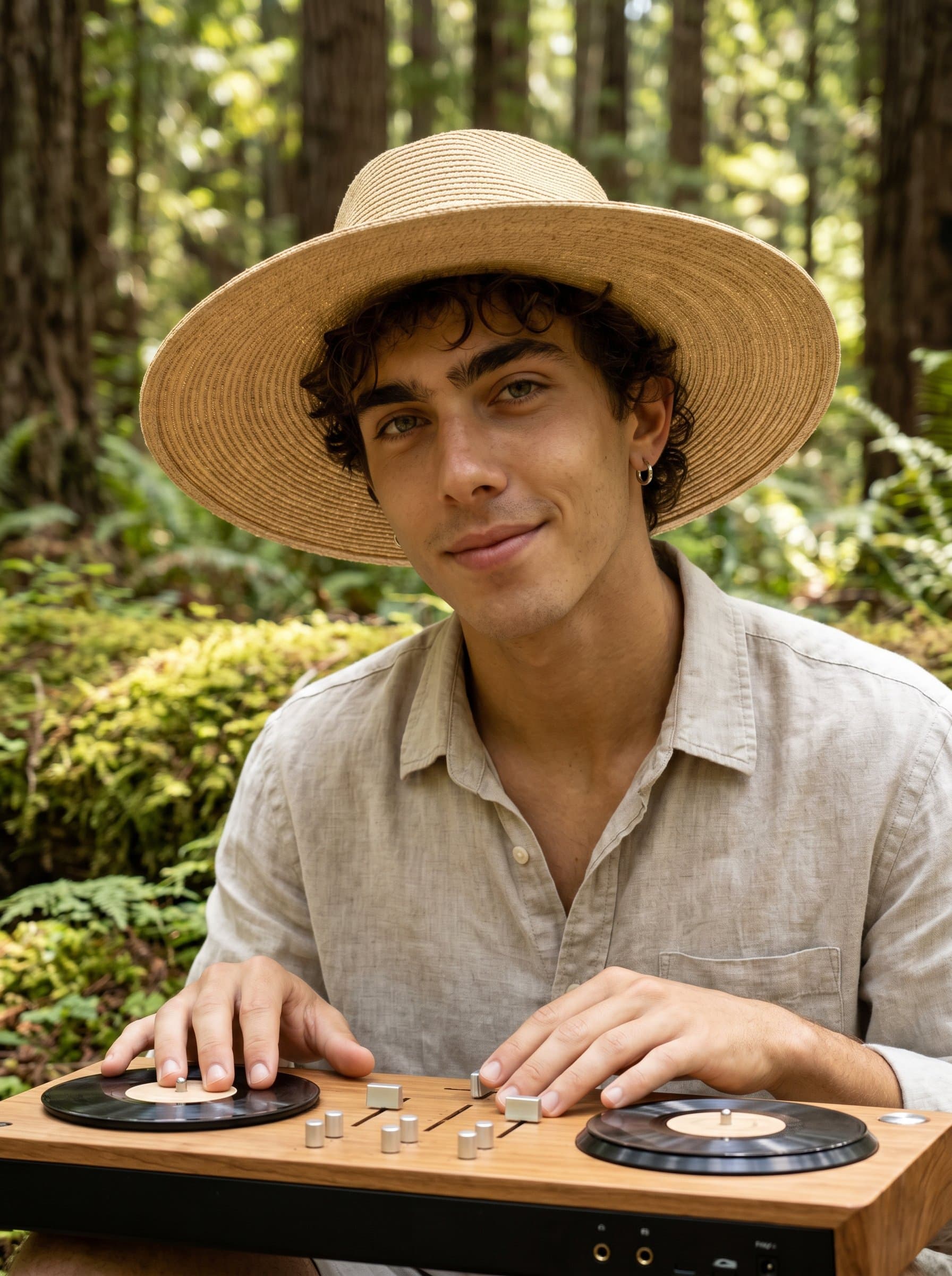 : Craft a serene DJ headshot with a nature setting, such as a forest or beach, reflecting a calm and peaceful musical style. Photorealistic, natural lighting, earthy tones.