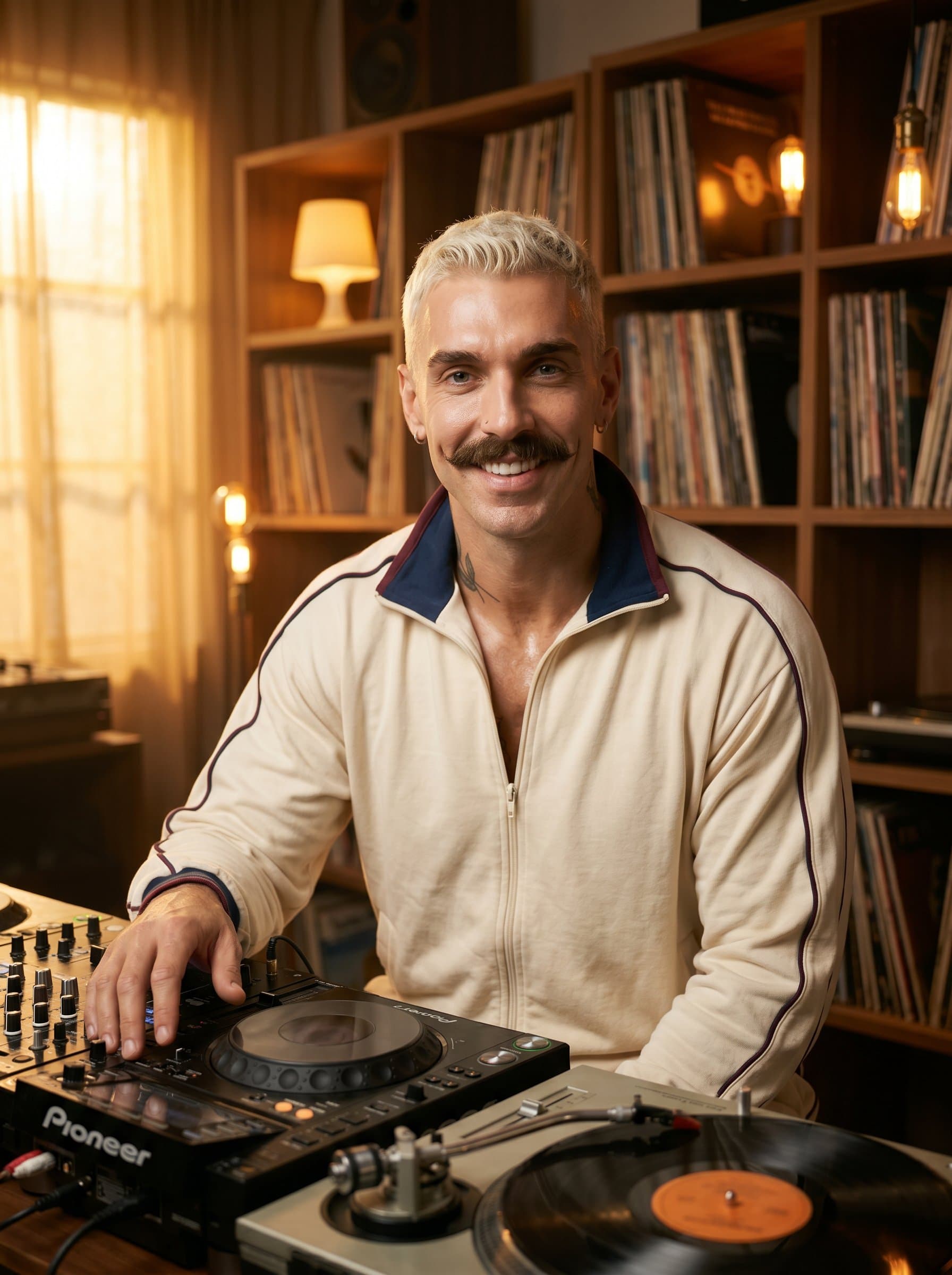 : Develop a headshot for a DJ in a cozy, intimate setting, like a small studio with vinyl records. Photorealistic, warm lighting, inviting atmosphere.