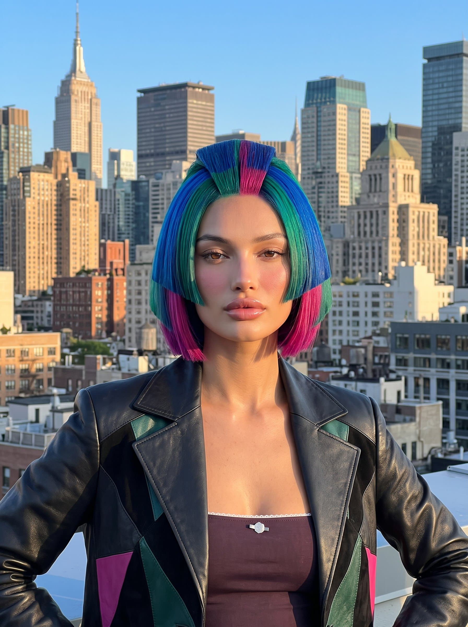 A with a vibrant city rooftop backdrop, showcasing an avant-garde hairstyle with bold colors and geometric cuts, reflecting their innovative approach to hair design. The skyline highlights their cosmopolitan clientele.