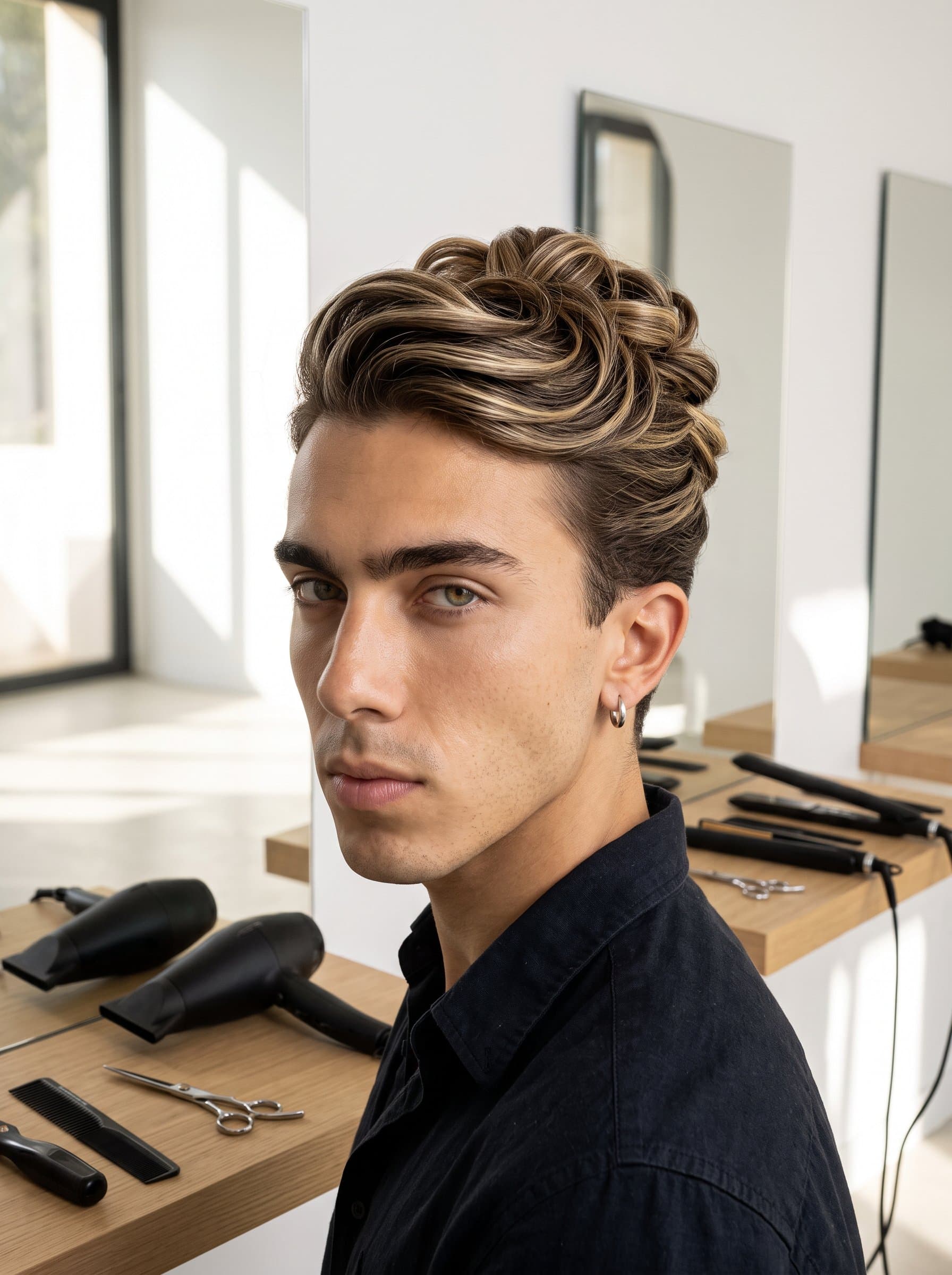 Capture a in a minimalistic, sunlit studio surrounded by sleek hair tools. Their elegantly styled updo with subtle highlights emphasizes precision and attention to detail, exuding a professional yet creative aura.