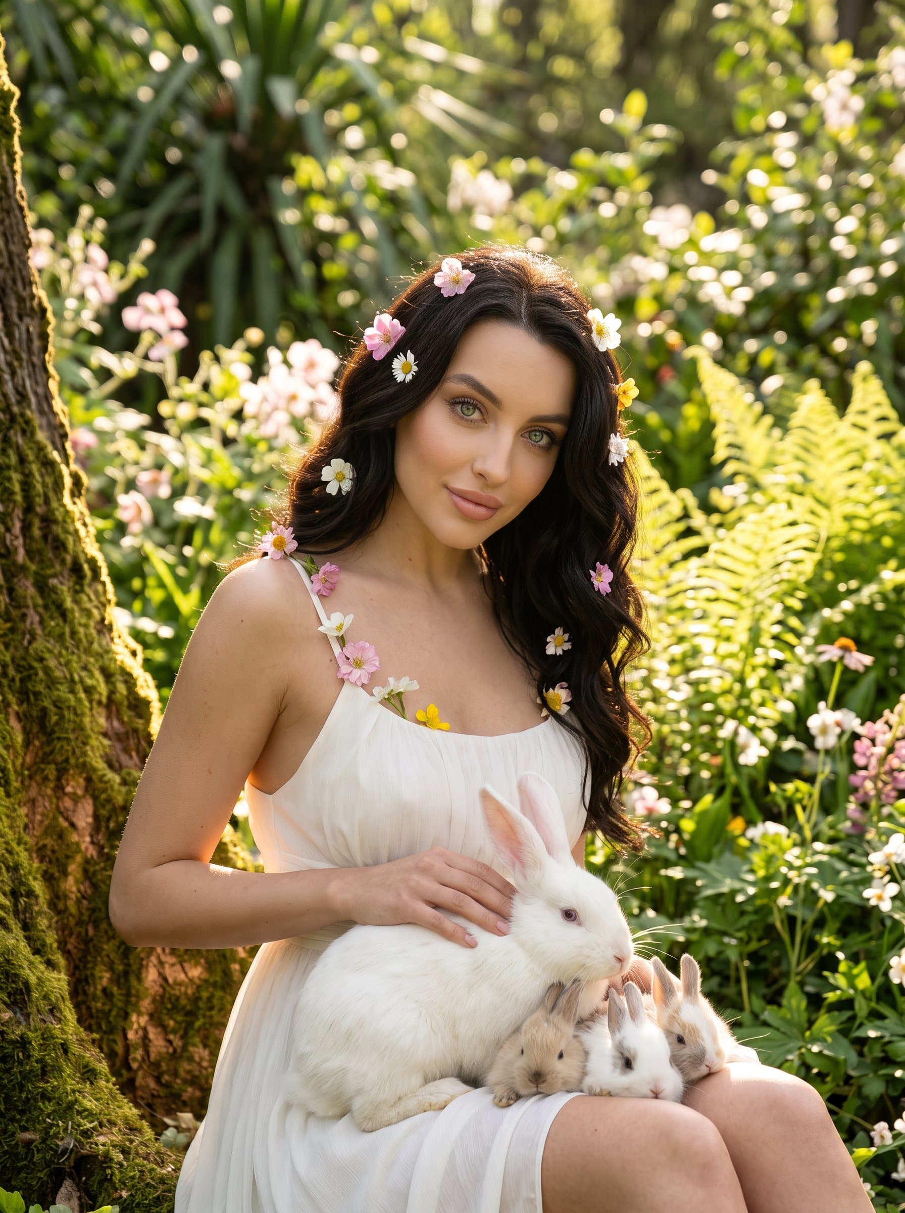 A posing in a lush botanical garden, their hair styled with delicate floral accessories. The natural setting complements their eco-conscious approach, highlighting their commitment to sustainable beauty practices.
