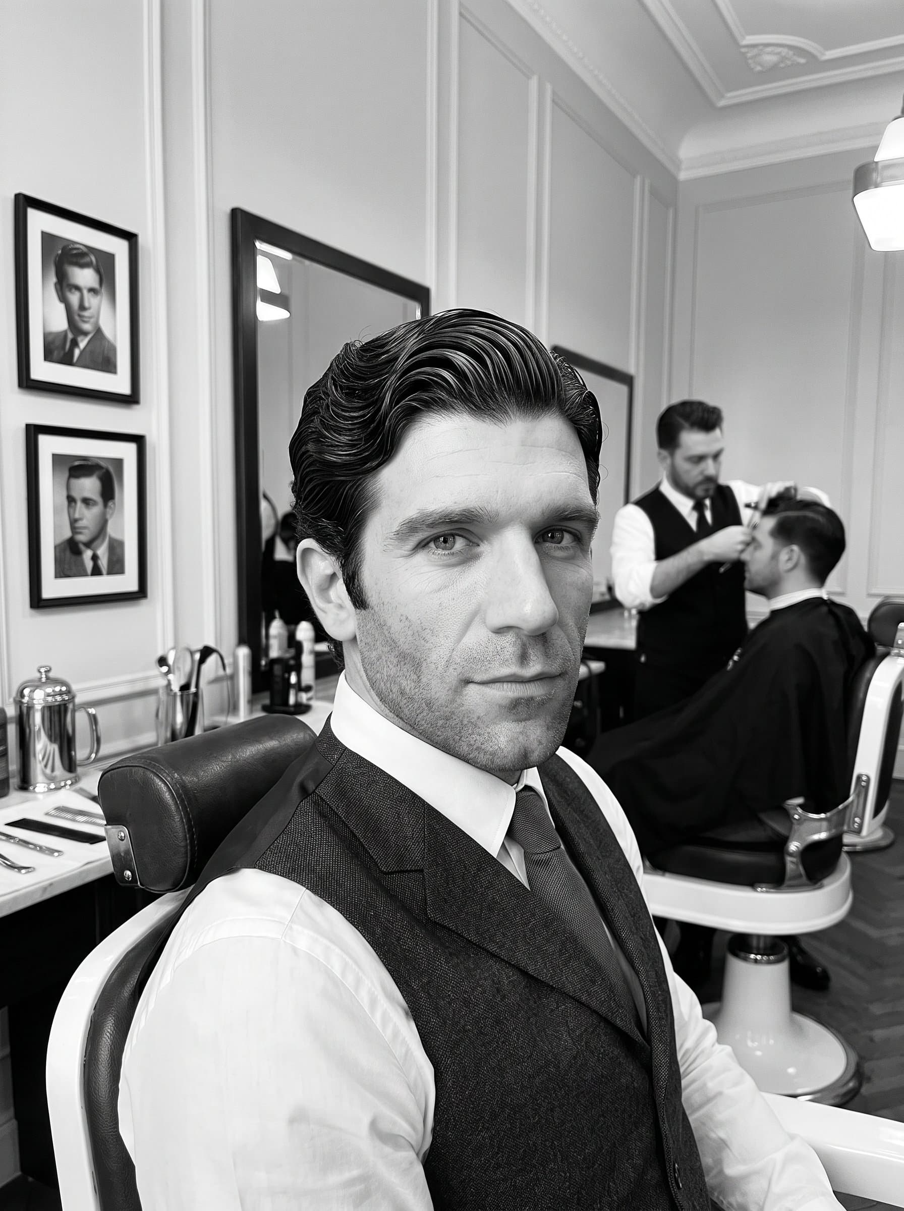 Showcase a in a serene monochrome salon, focusing on a classic Hollywood wave. The timeless style aligns with their expertise in vintage hair aesthetics and classic elegance.
