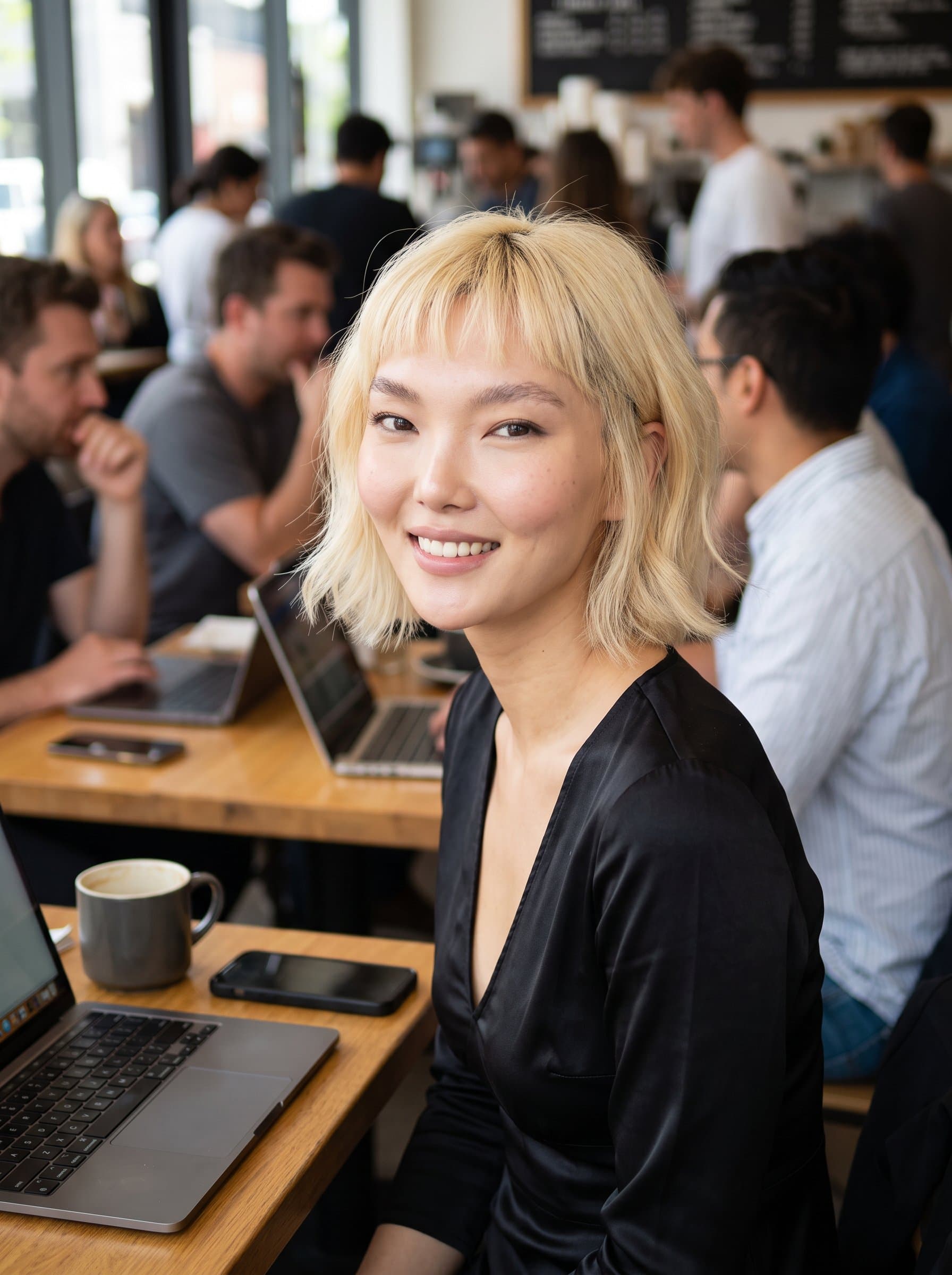 A amidst a bustling cafe, styled with a chic, layered cut. The lively atmosphere reflects their ability to craft adaptable styles for professionals constantly on the go.