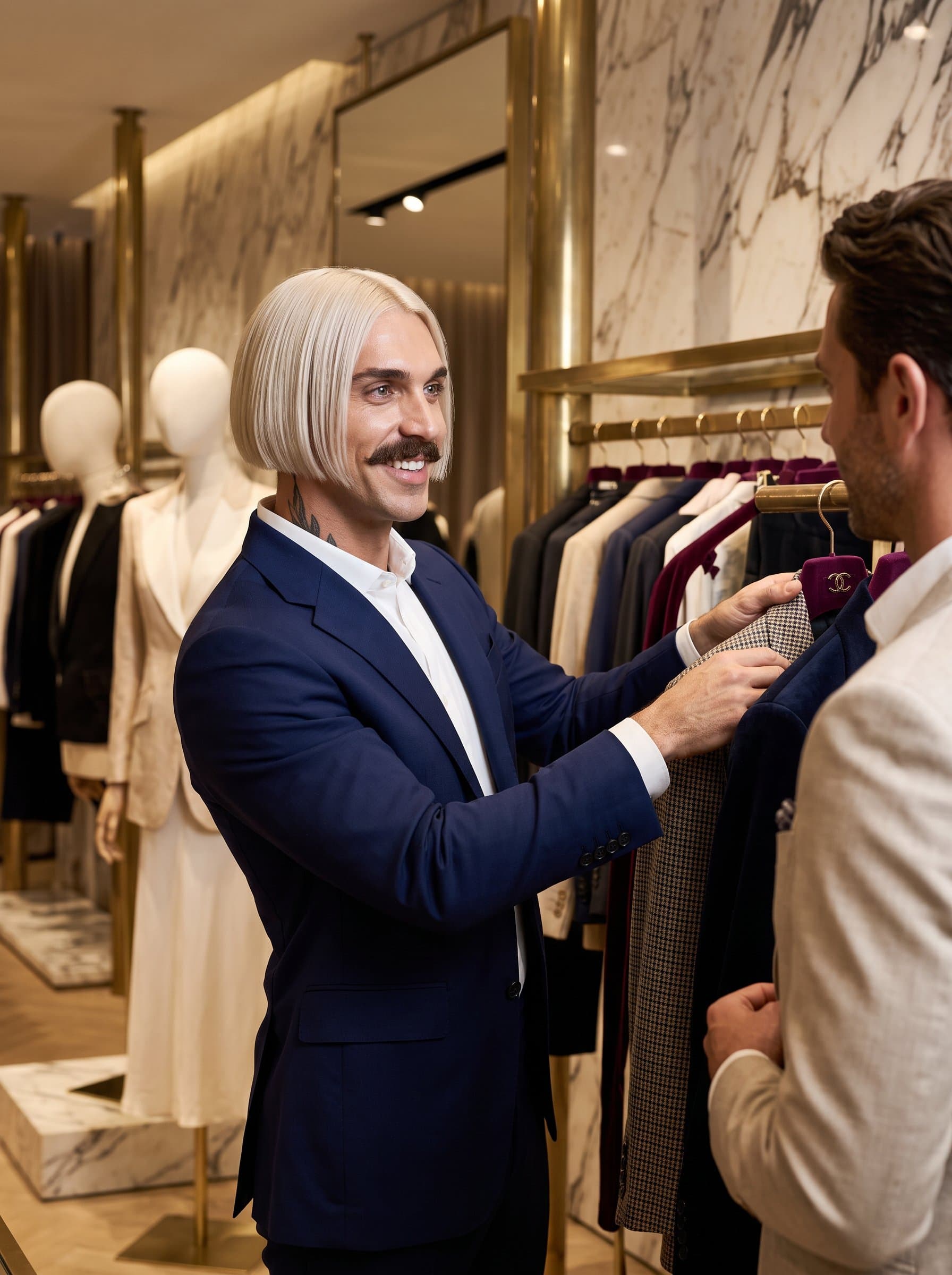 A in a high-end fashion boutique setting, with a sleek, polished bob. The luxurious environment underscores their skill in crafting sophisticated looks for upscale clientele.