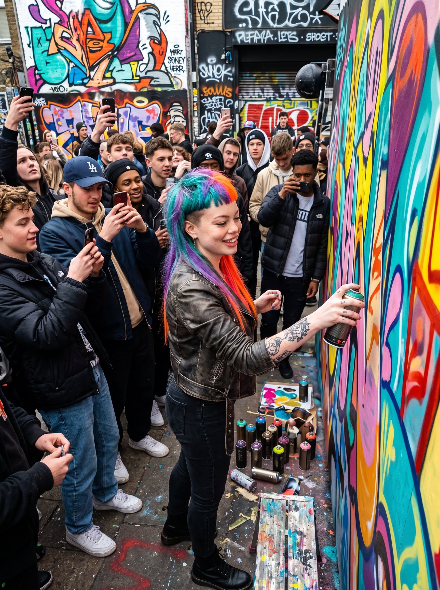 Create an image of a in a vibrant street art scene. Their colorful, asymmetrical hairstyle mirrors the creativity and expressive nature of urban art, attracting a young, dynamic crowd.