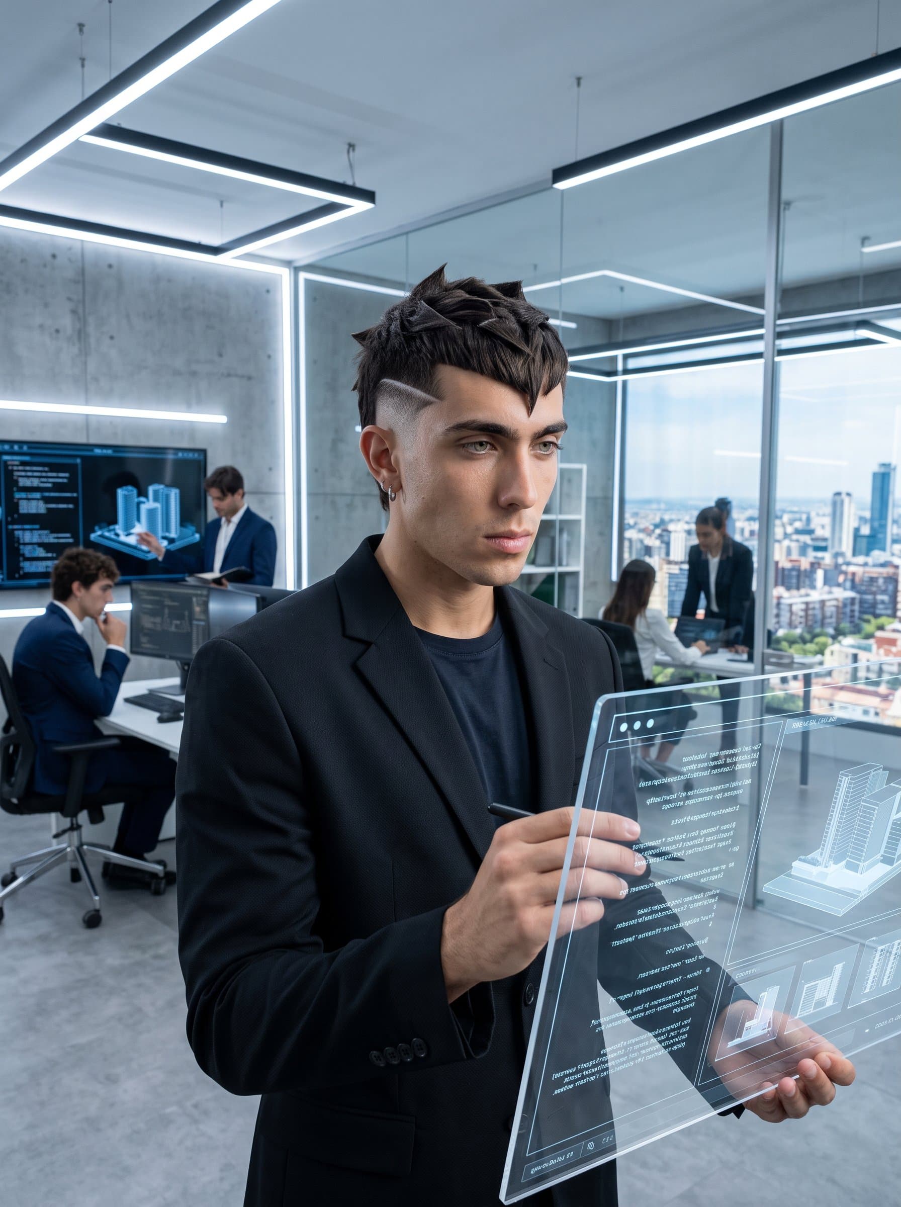 A in a sleek tech office, with a futuristic, angular cut. The modern environment highlights their ability to blend cutting-edge technology with forward-thinking hair designs.