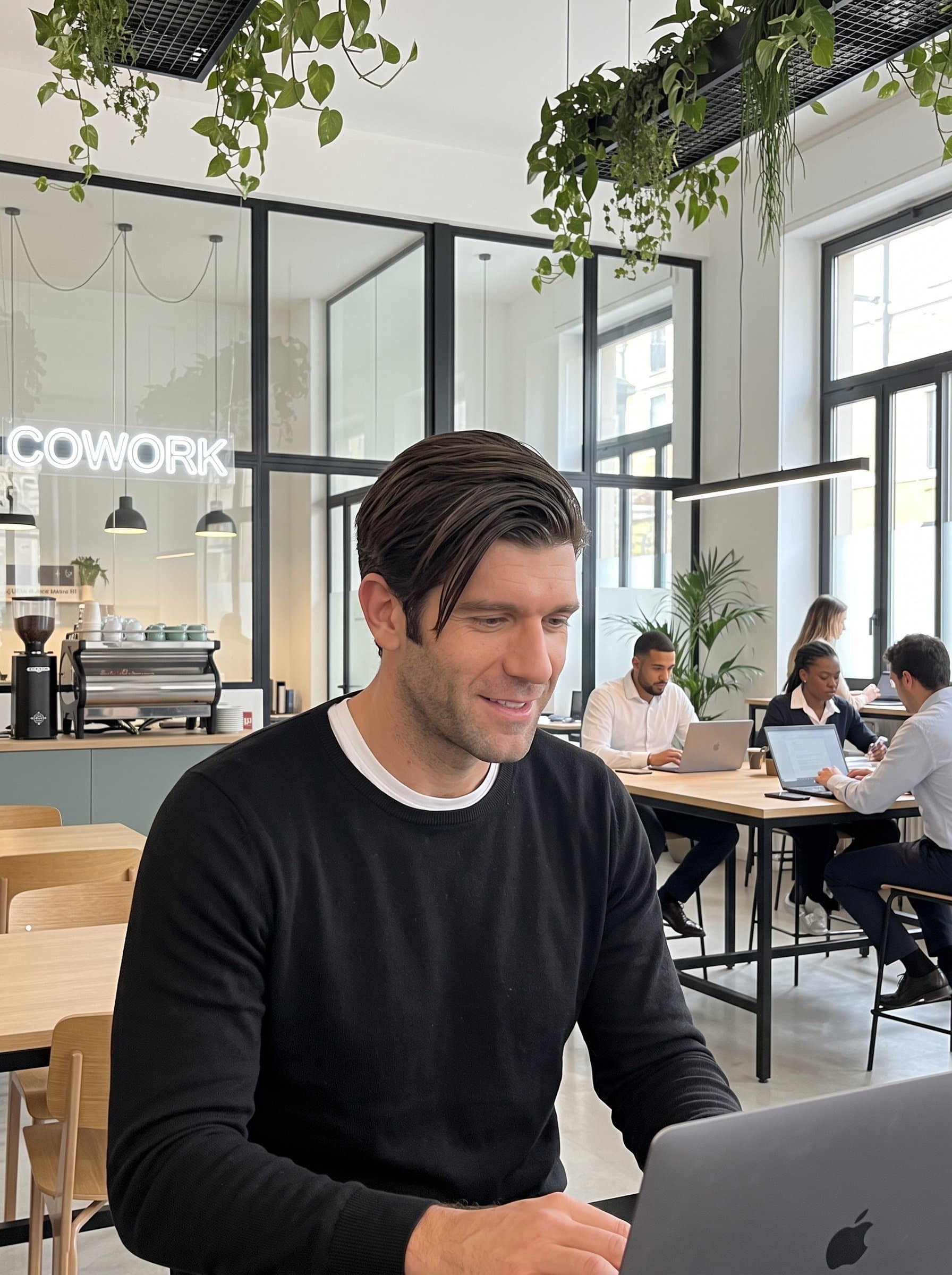 Frame a in a modern coworking space, with a sleek, side-swept fringe. The setting embodies their trend-savvy, adaptable styles suited for contemporary work environments.