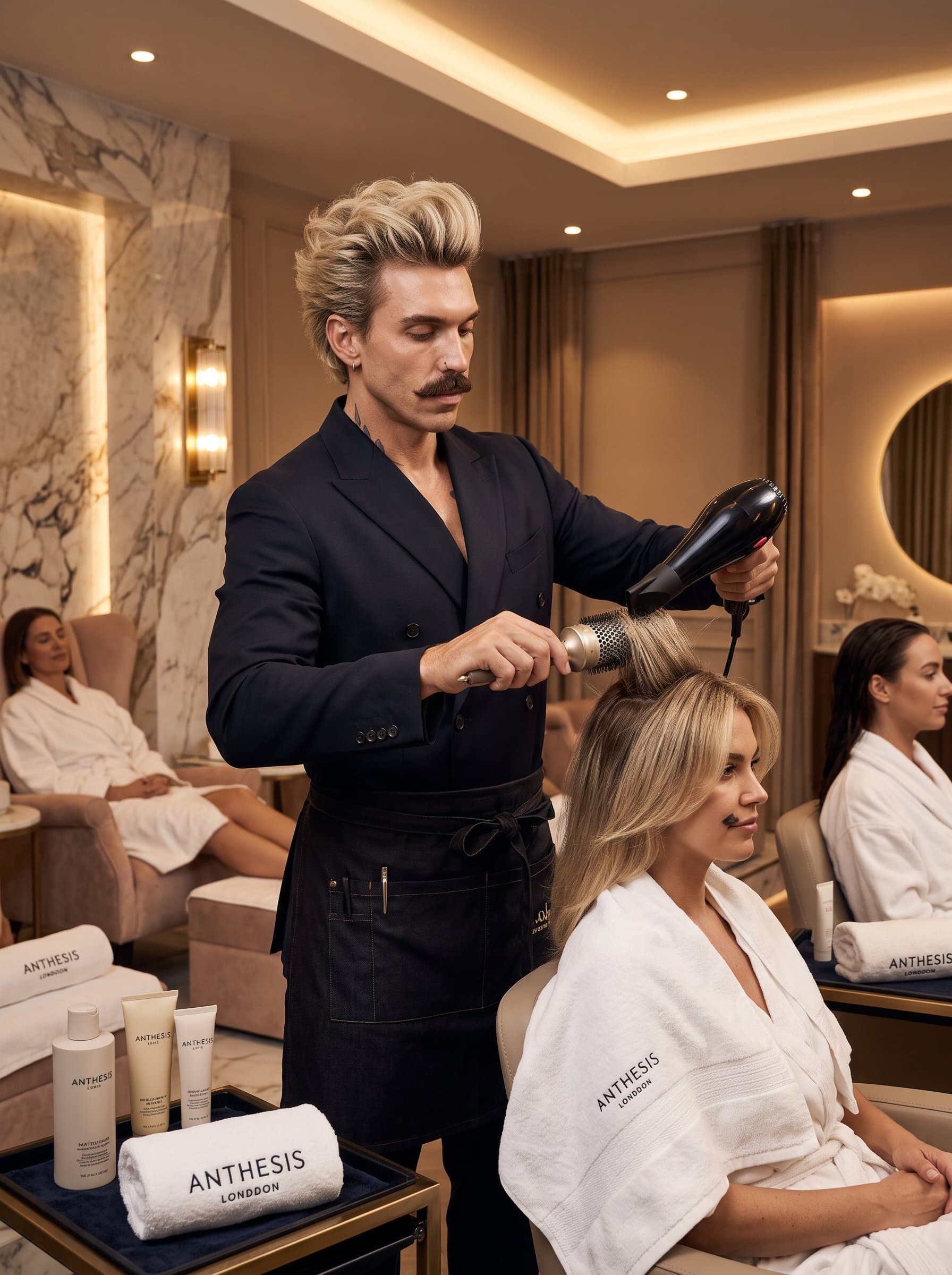 Display a in a luxurious spa setting, with a voluminous blowout. The elegant ambiance complements their expertise in crafting lavish, pampered looks for discerning clients.
