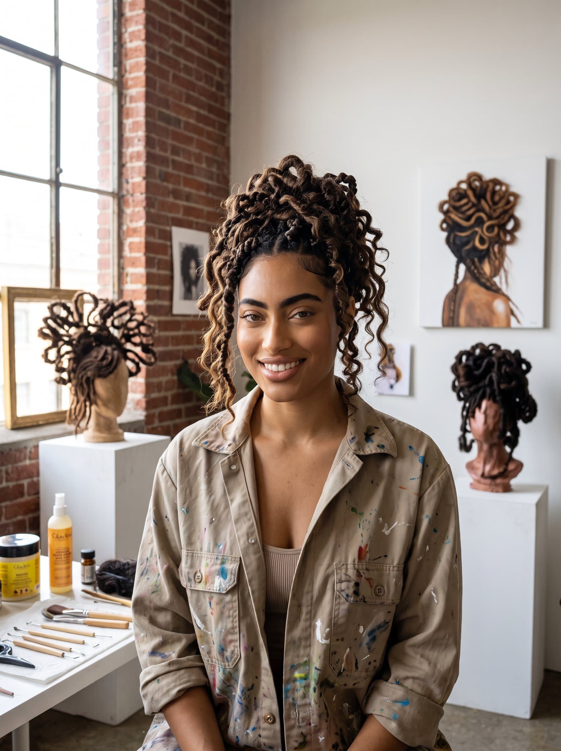 Depict a in an artist's loft, with a free-form, textured hairstyle. The creative backdrop underscores their artistic talent in sculpting hair into creative, bespoke forms.