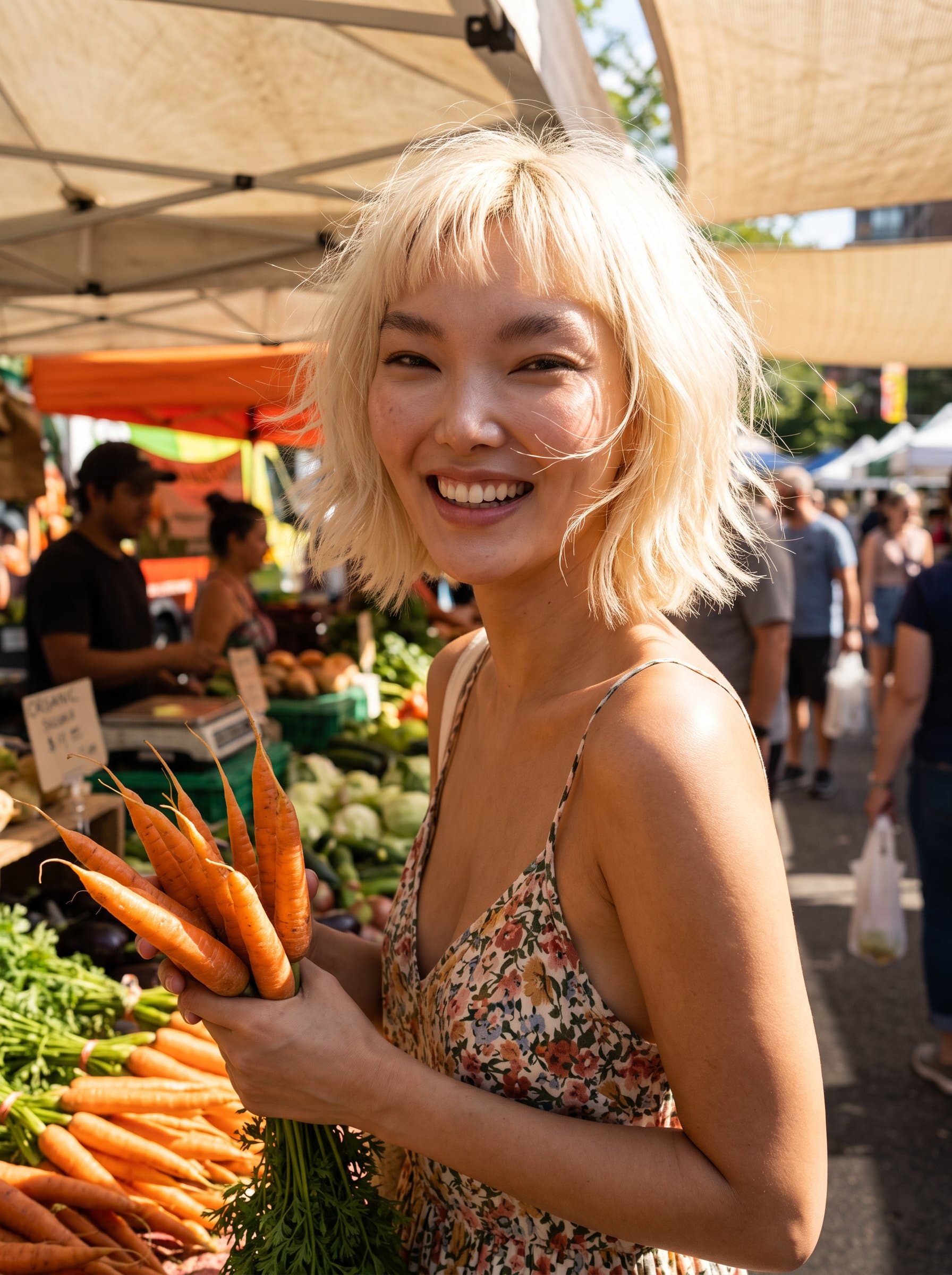 Capture a in a sun-drenched outdoor market, with a tousled, effortless hairstyle. The lively, open-air scene complements their knack for creating fresh, easygoing styles.