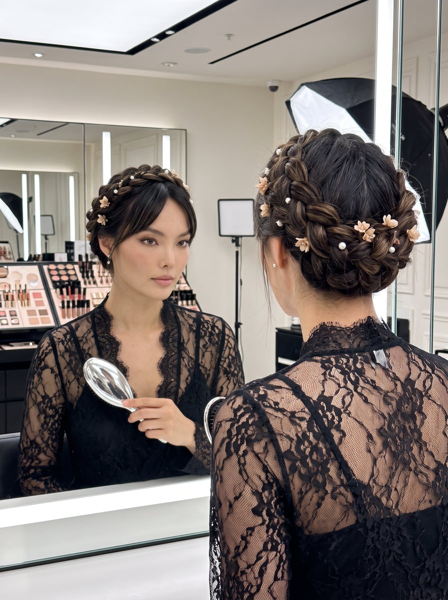 Illustrate a by a mirror in a glam studio, showcasing an intricate braided hairstyle. The intricate design reflects their mastery in creating detailed, statement looks for special occasions.