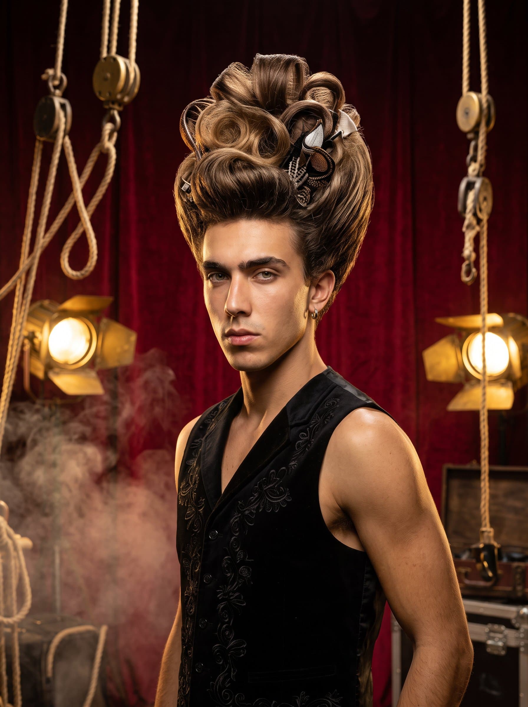Set a against a dramatic theater backdrop, with a theatrical updo. The dramatic setting mirrors their flair for creating bold, stage-worthy styles that captivate an audience.
