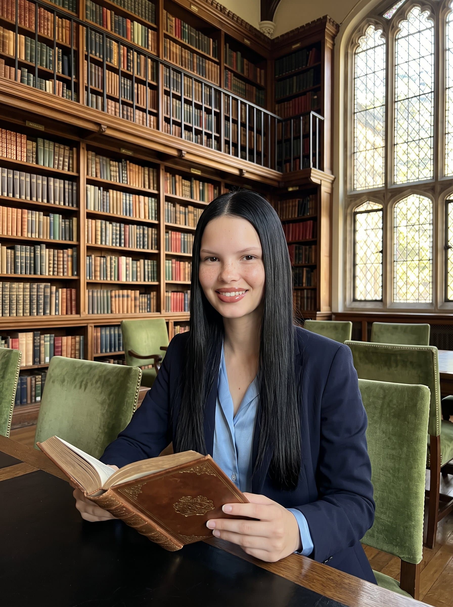 Show a in an elegant library, with a sophisticated, polished hairstyle. The intellectual setting complements their refined, classic approach to creating timeless, versatile looks.