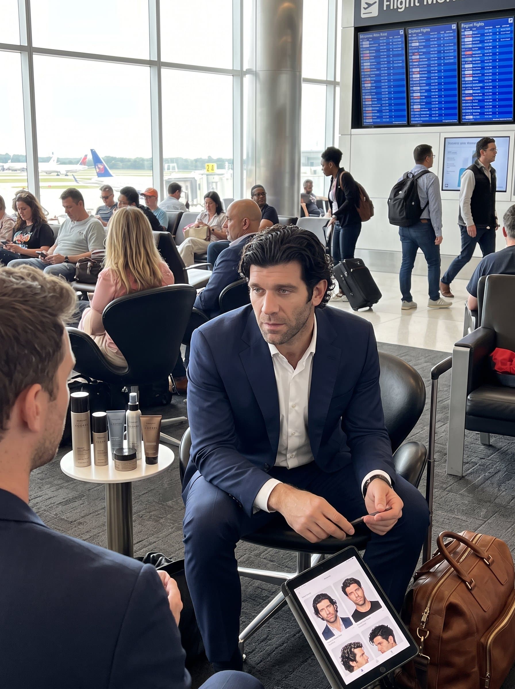 Present a in a bustling airport lounge, with a travel-friendly, versatile hairstyle. The dynamic setting highlights their expertise in creating adaptable styles for jet-setting clients.