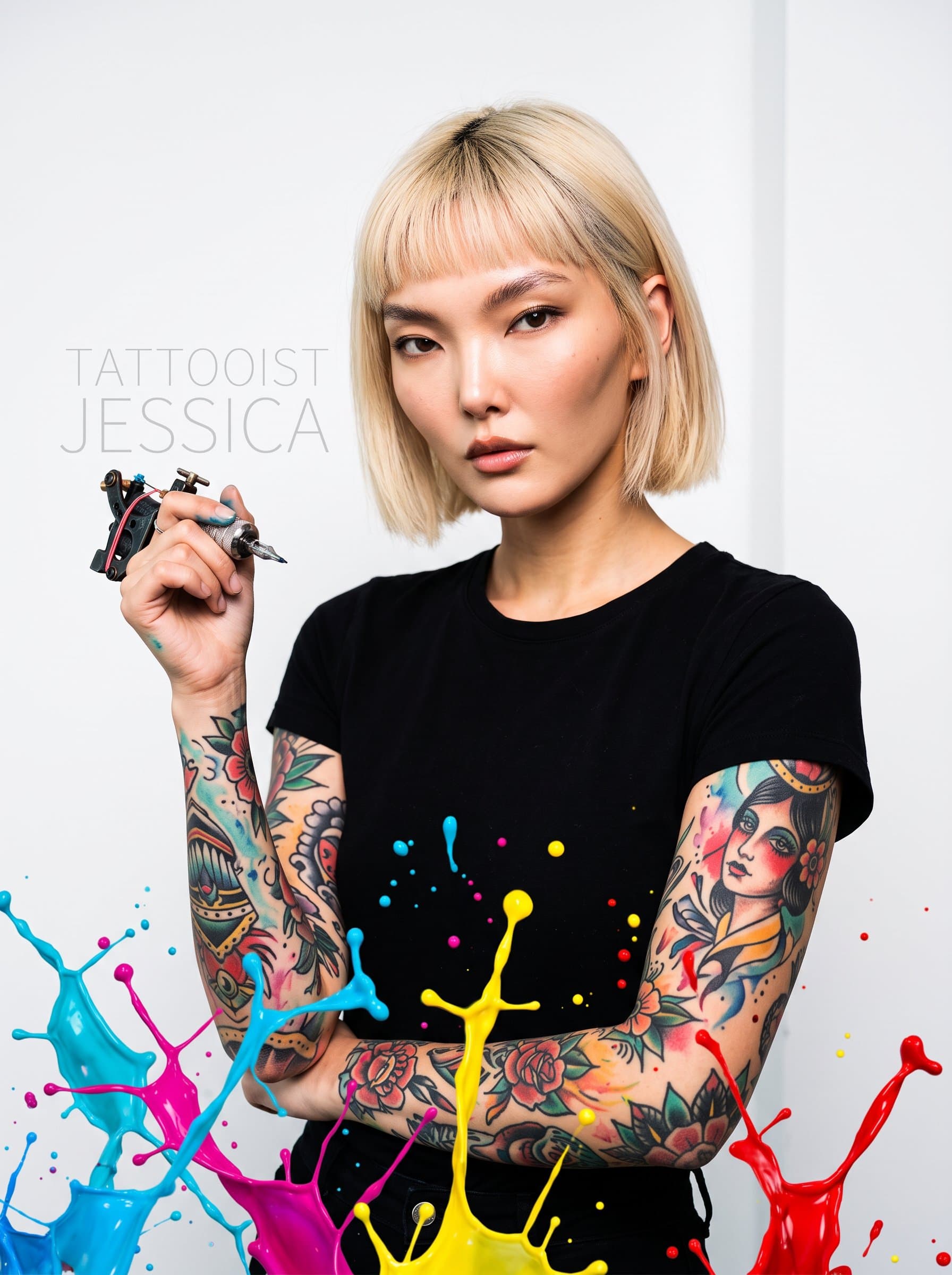 : Capture a tattoo artist with vibrant sleeve tattoos, set against a minimalistic white background. Include colorful ink splashes in the foreground to reflect their creative flair.