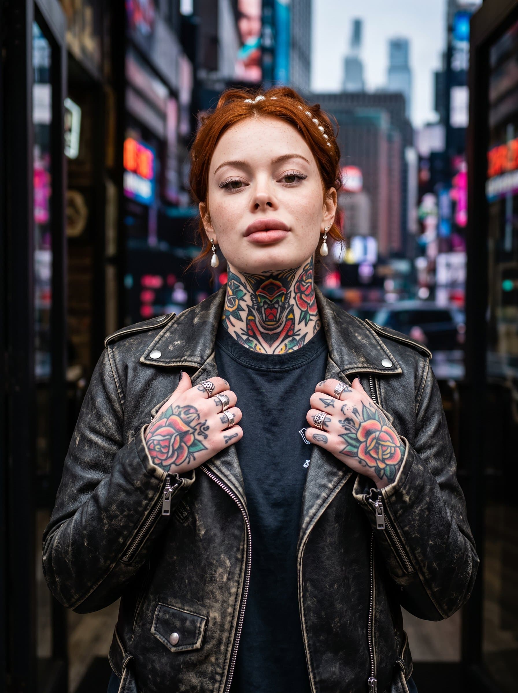 : Capture a tattoo artist wearing a leather jacket, with bold, colorful neck tattoos. A blurred, abstract cityscape in the background enhances their edgy, modern persona.