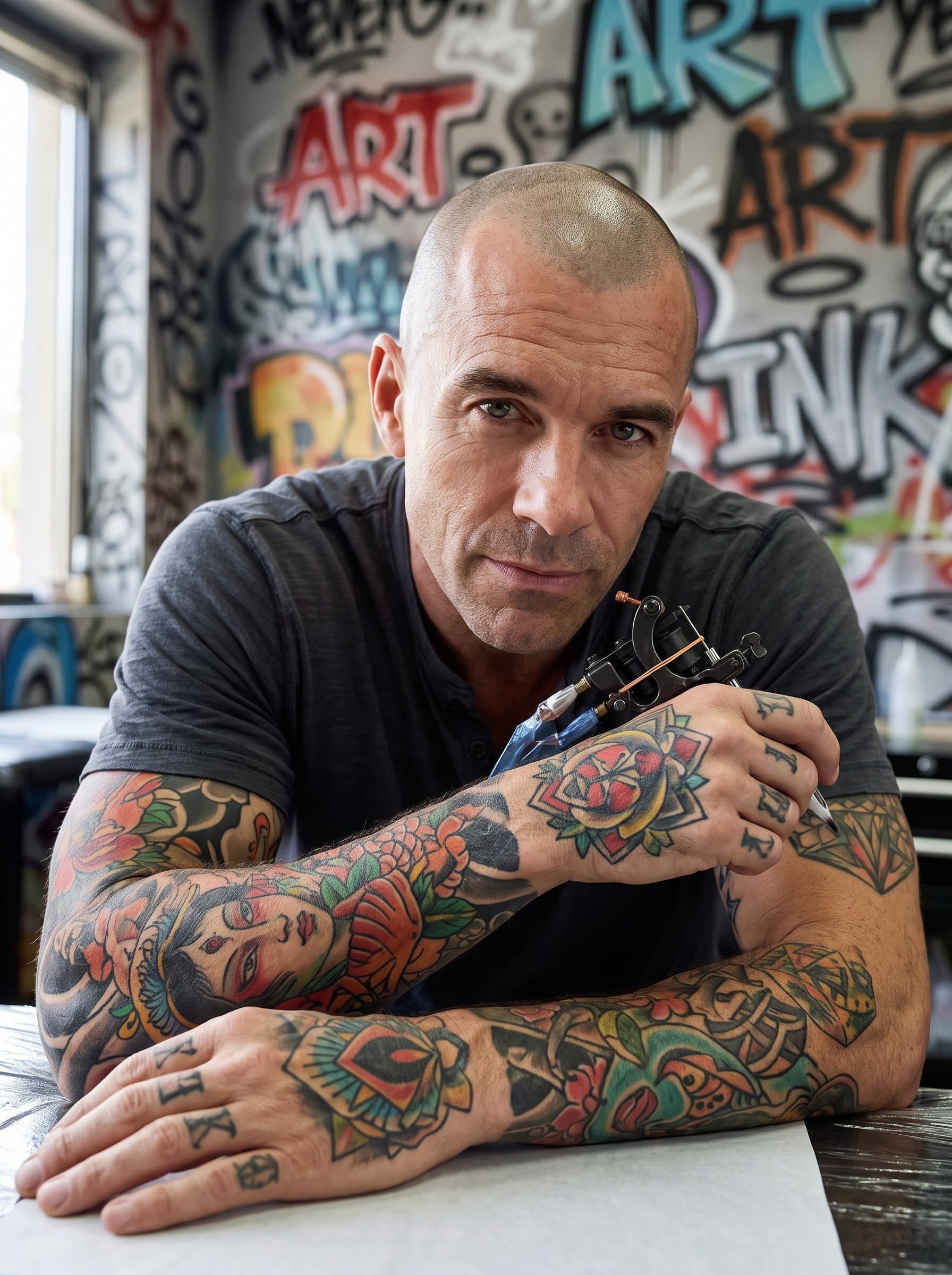 : Headshot of a tattoo artist with a shaved head and vivid hand tattoos. Include a soft-focus graffiti background to convey their urban and contemporary approach.