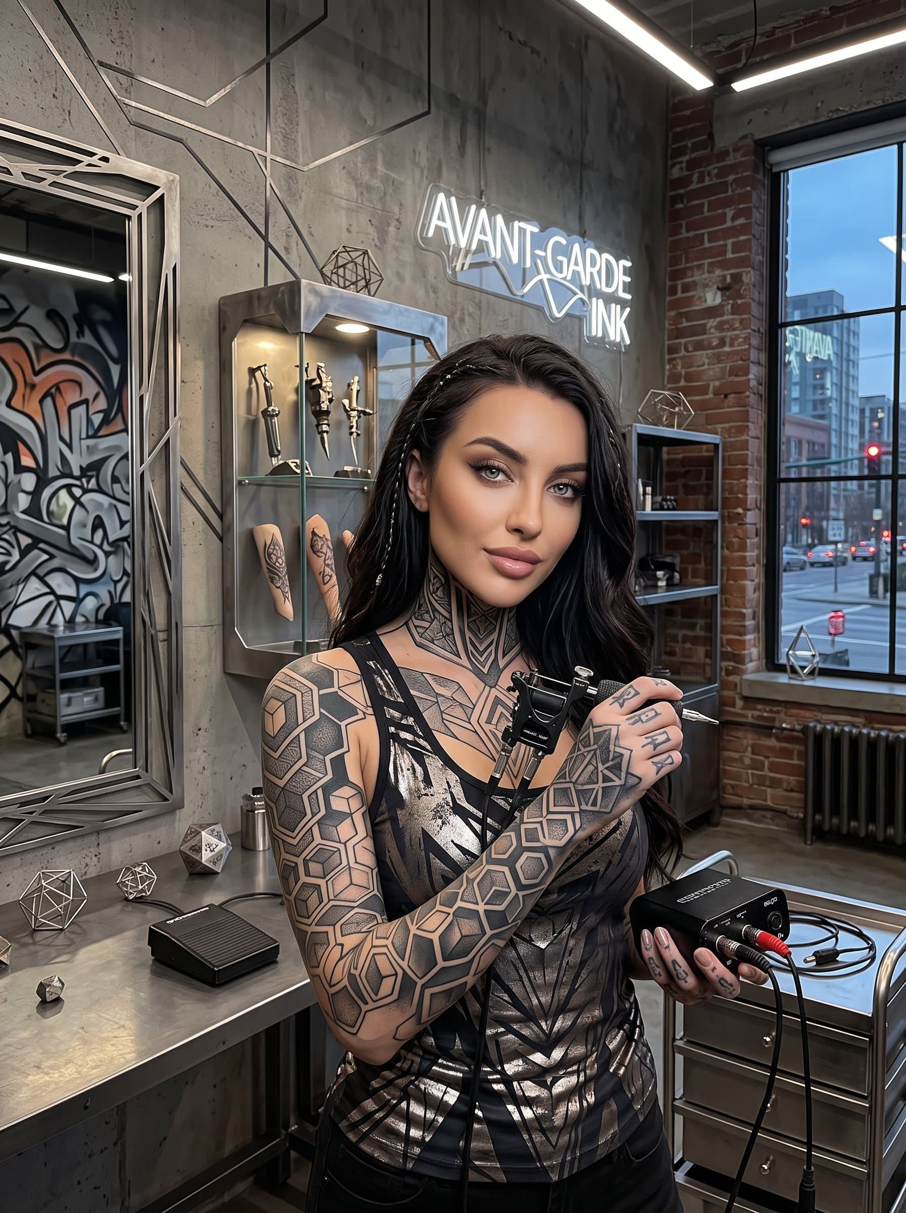 : Portrait of a tattoo artist, adorned with geometric tattoos, set in an urban environment. Incorporate metallic hues and abstract lines to emphasize their avant-garde style.